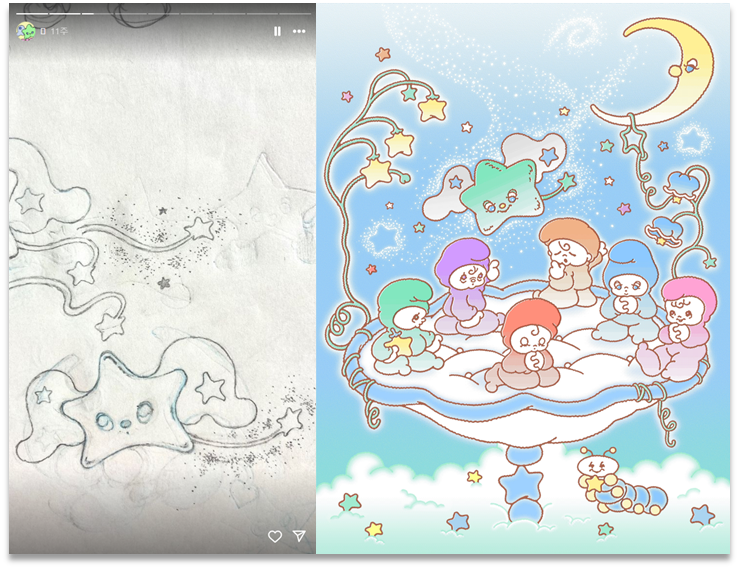 ancco 작가님의 인스타스토리에 있는 WICHU 작업 사진과 앨범 삽지로 들어간 일러스트.