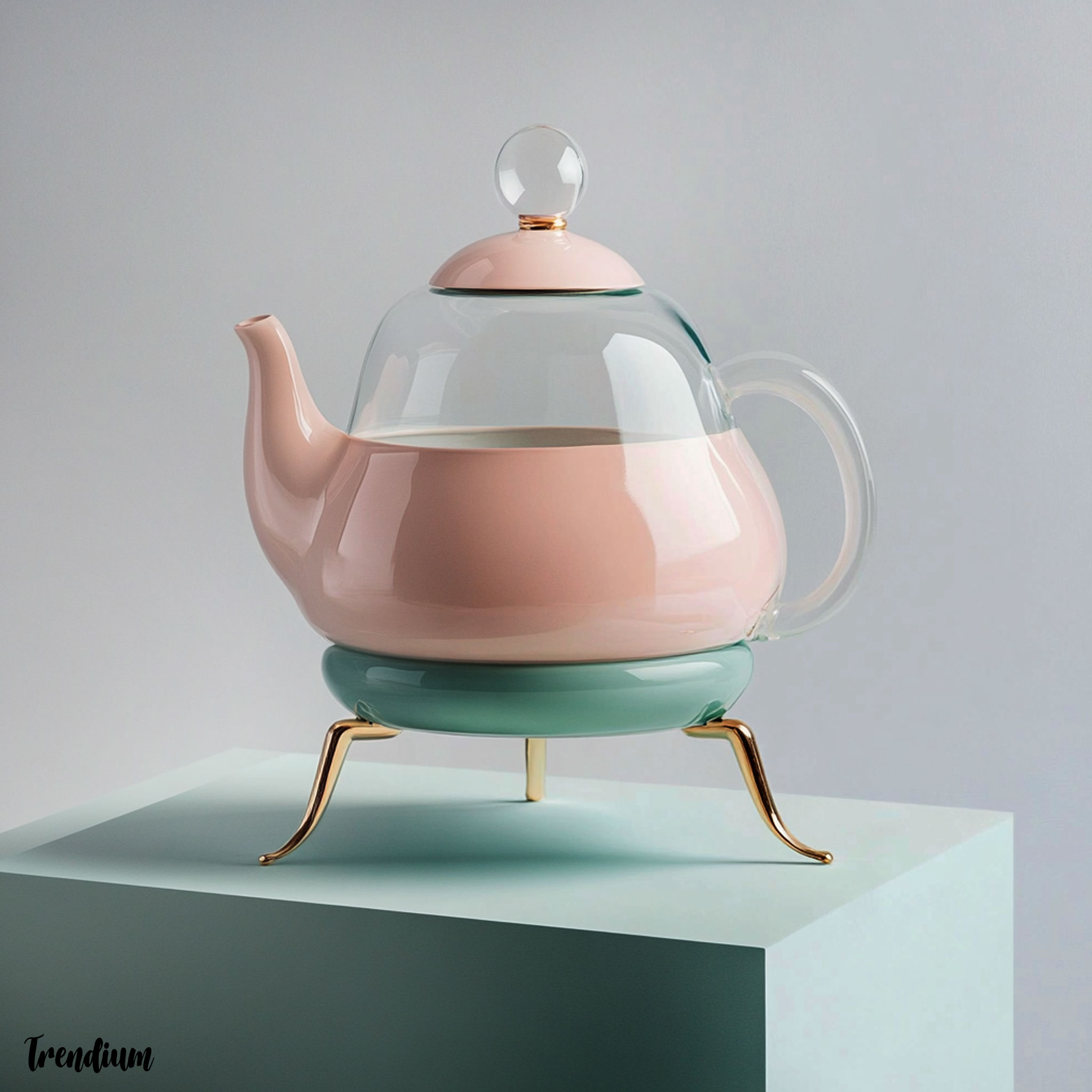[prompt] Minimalist yet whimsical teapot design, Jaime Hayon style with Gen Z aesthetic, pastel colors, clean lines, subtle animal-inspired form, sleek glass and ceramic materials, artistic functionality, luxurious finishes, soft natural lighting