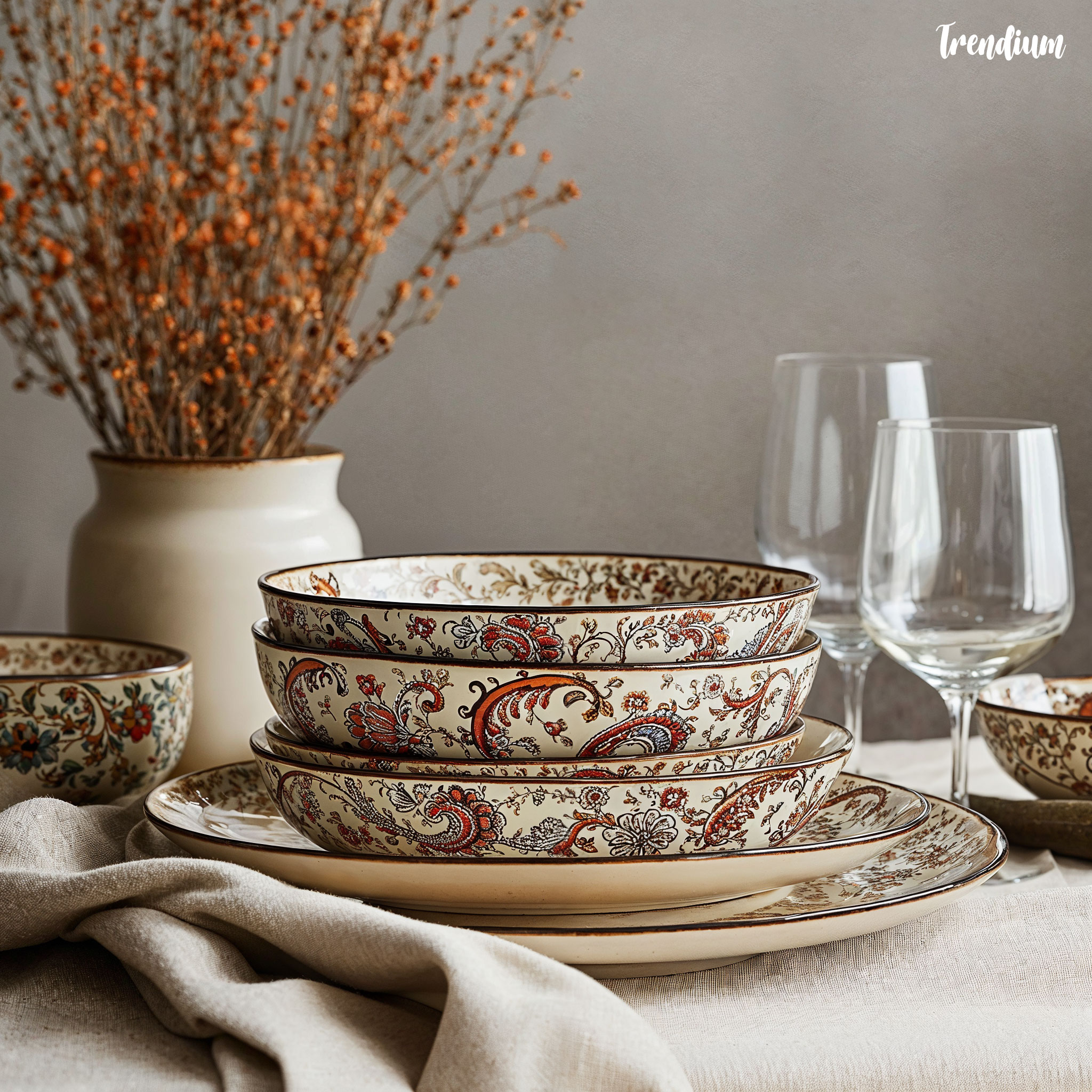 [prompt] A set of bohemian-style ceramic tableware decorated with hand-painted, earthy-toned paisley patterns incorporating floral and vine elements.