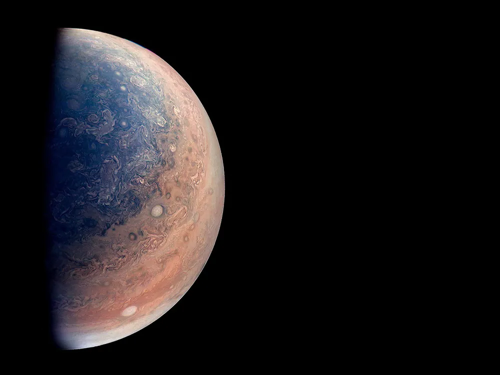 A 2018 colorized image of Jupiter's south pole created by citizen scientist Gabriel Fiset, using data from NASA's Juno spacecraft. NASA/JPL