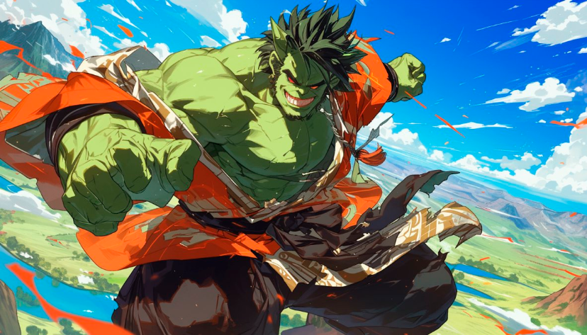 Hulk as a Dragon Ball character, wearing black kimono, fighting in the steppes, valley background --niji 6 --ar 7:4 --s 150