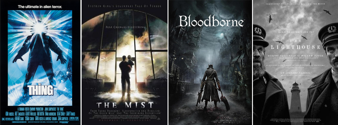 코스믹 호러 장르의 미디어 콘텐츠 (왼쪽부터) 영화 The Thing, The Msit, 게임 Bloodborne, 영화 The Lighthouse