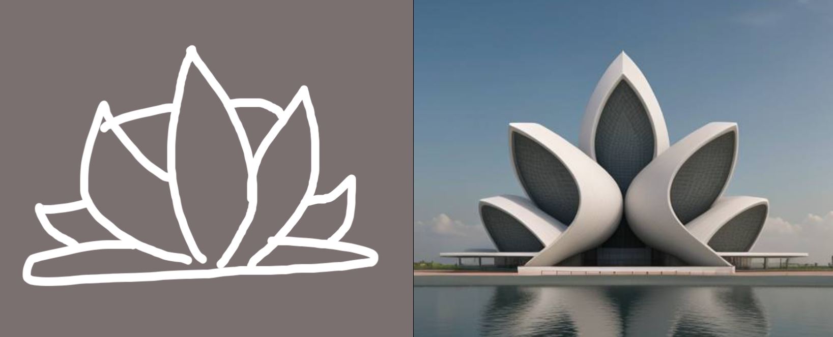 <architecture design for resort in zaha hadid style>라는 프롬프트로 왼쪽의 이미지를 참고하여 만들어낸 이미지