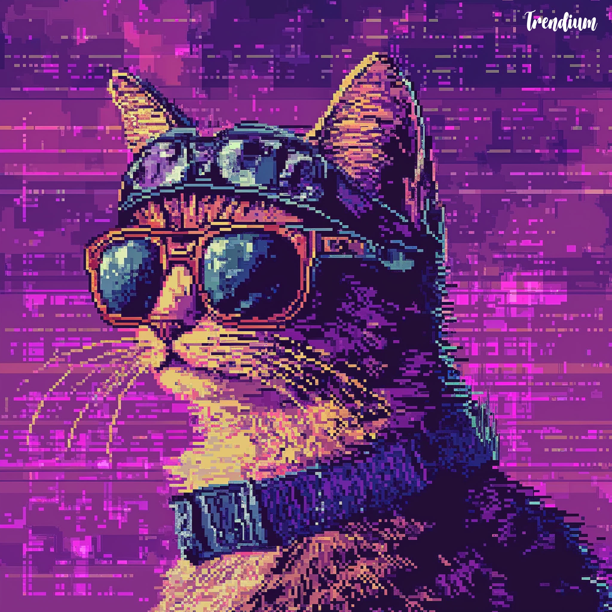 [prompt] Pixel art wallpaer of a cat with a headband and sunglasses, against a purple old vcr glitching background, with a vaporwave aesthetic, super digital glitching, hyper compression, pixelated video game-like graphics, reminiscent of Amiga computer graphics, and an pixilated 8-bit, retro video game screenshot style.