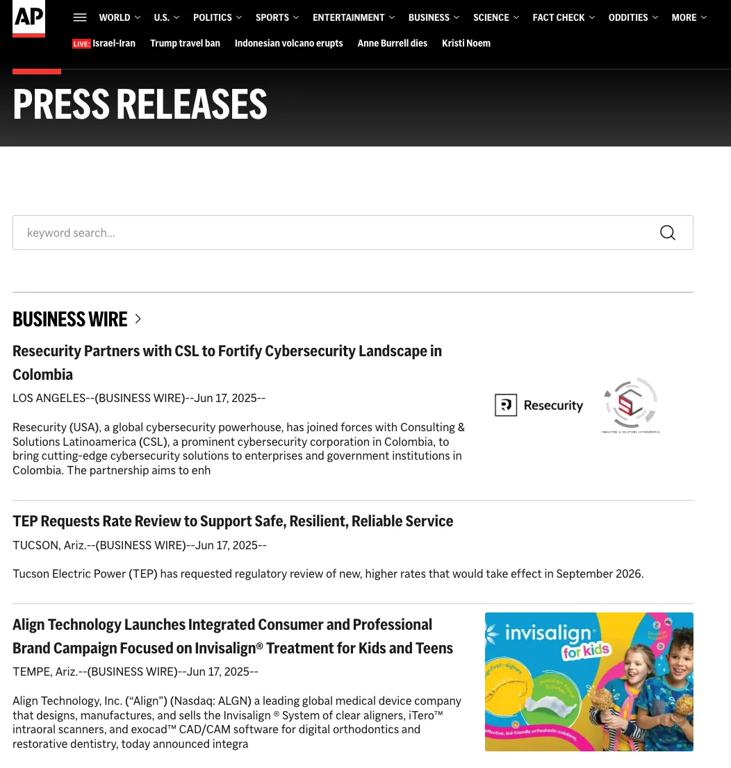 AP 통신 웹사이트는 Press Release 탭을 따로 운영하고 있다. 이곳에 올라간 게시글은 보도자료가 기계적으로 게시된 것일 뿐, 실제 기사가 아니다.&nbsp;