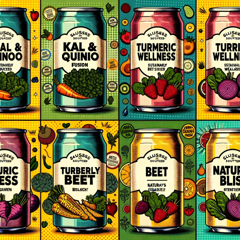 Pop art representation with cans labeled as &#39;Kale &amp; Quinoa Fusion&#39;, &#39;Turmeric Wellness&#39;, and &#39;Berry Beet Bliss&#39;. Each can has an earthy palette and badges like &#39;Sustainably Sourced&#39; and &#39;Nature&#39;s Best&#39;. Interspersed are smaller cans symbolizing today&#39;s health drinks. The background features colorful illustrations of vegetables and fruits, emphasizing the fusion of classic art and modern health trends.