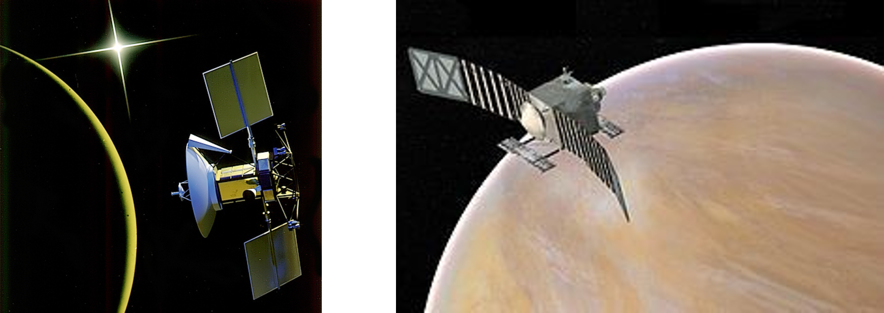 (좌) 1989년의 마젤란 금성 탐사선입니다. 출처: NASA (우) 베리타스 탐사선의 컨셉아트입니다. 출처: NASA/JPL-Caltech