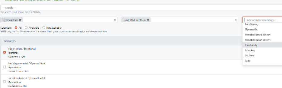Lund 코뮨의 시설을 예약하는 페이지. 이런 식으로 검색하면 사용가능 시간표가 나옵니다.