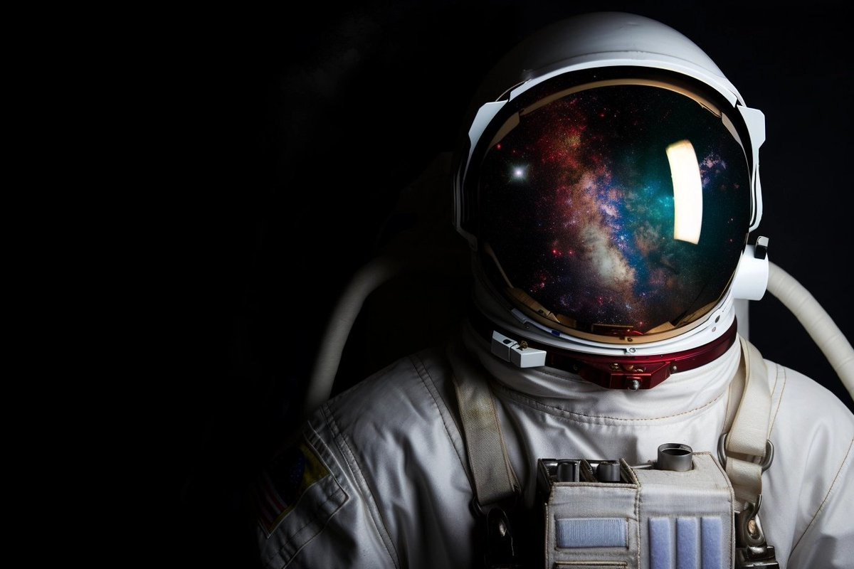 Astronaut half body visible wearing helmet which reflects dramatic galaxy