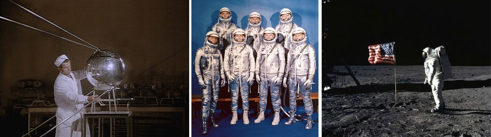 (좌) 스푸트니크 이후에 제작된 영상의 스틸컷 , Don Mitchell   |   (중) 미국의 우주 계획에 선발된 우주비행사 머큐리 세븐, 1960   |   (우) 아폴로 11호의 달 착륙, 1969