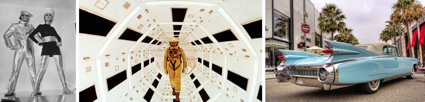 (좌) 실버 비닐로 만든 다양한 앙상블, 피에르 카르댕, 1968 파리 패션 위크   |   (중) 영화 2001: 스페이스 오디세이, 1968   |   (우) 1959 캐딜락 엘도라도, flickr에서 가져온 dmentd님의 사진