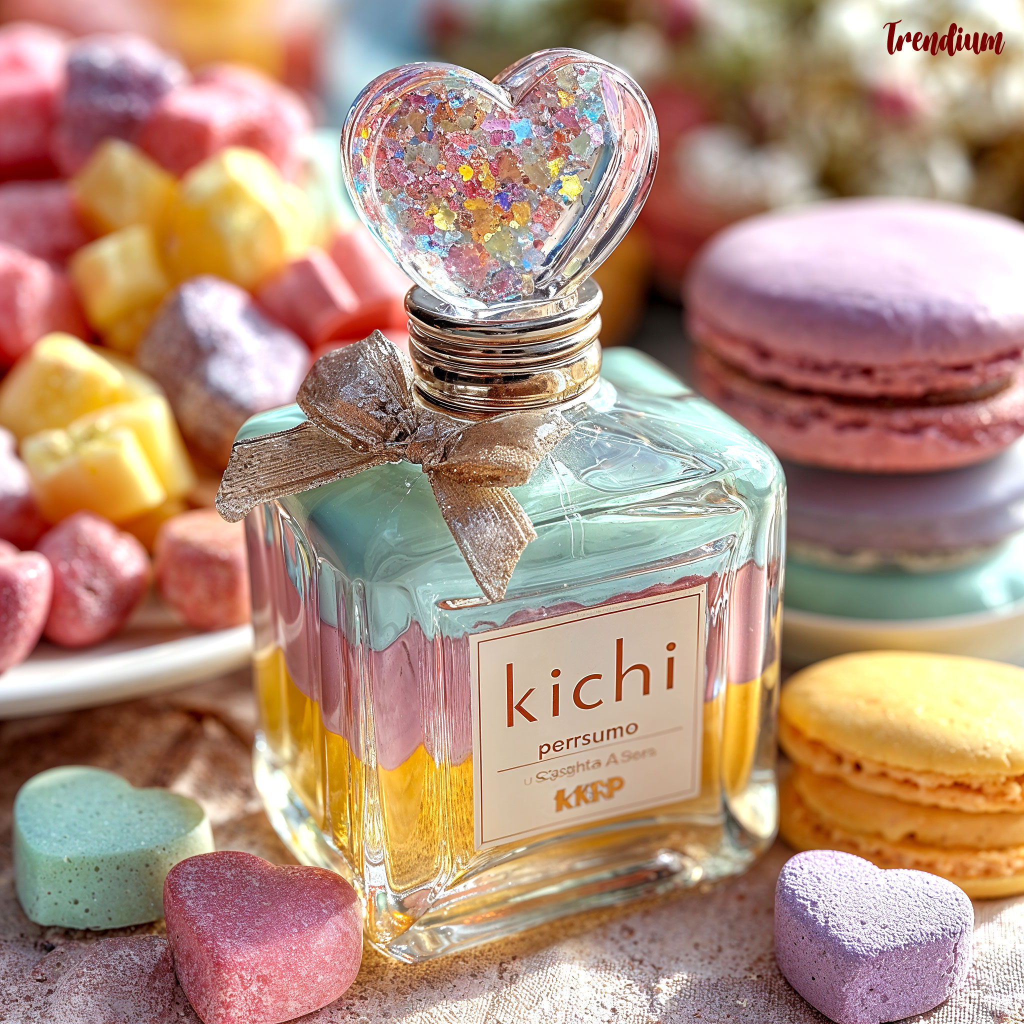 [prompt] kichi aesthetic perfume ad, pastel bottle design, resin heart cap, floating glitter, candy-colored backdrop --v 7 --stylize 750