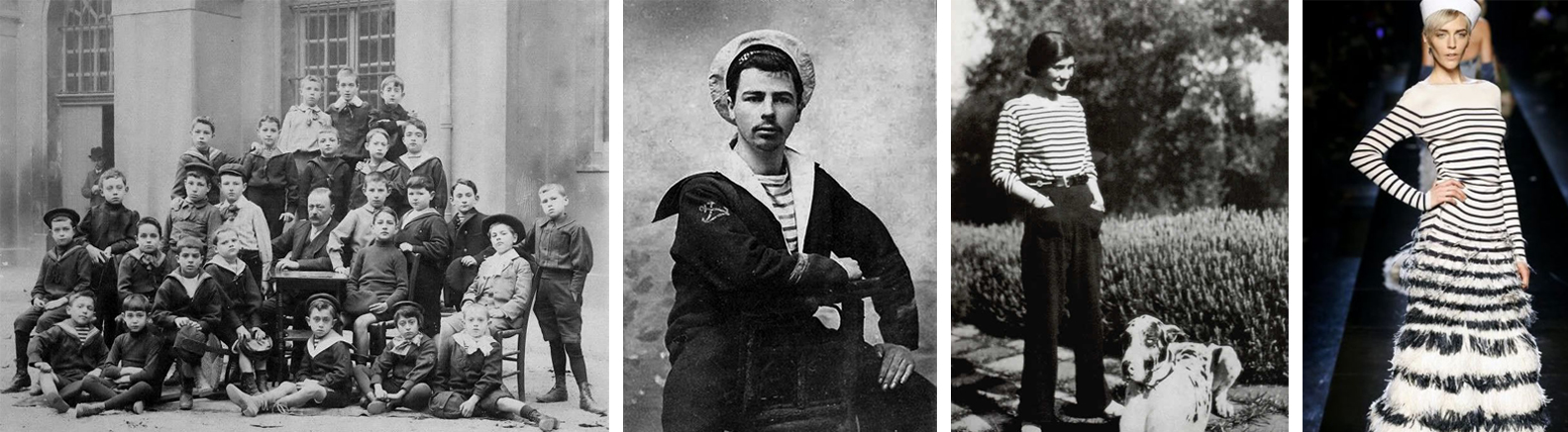   (왼쪽부터) 프랑스 초기 교복, 20세기 초 군복을 입은 프랑스 선원, 마리니에르를 입은 코코 샤넬, 장 폴 고티에가 선보인 마린룩 스타일