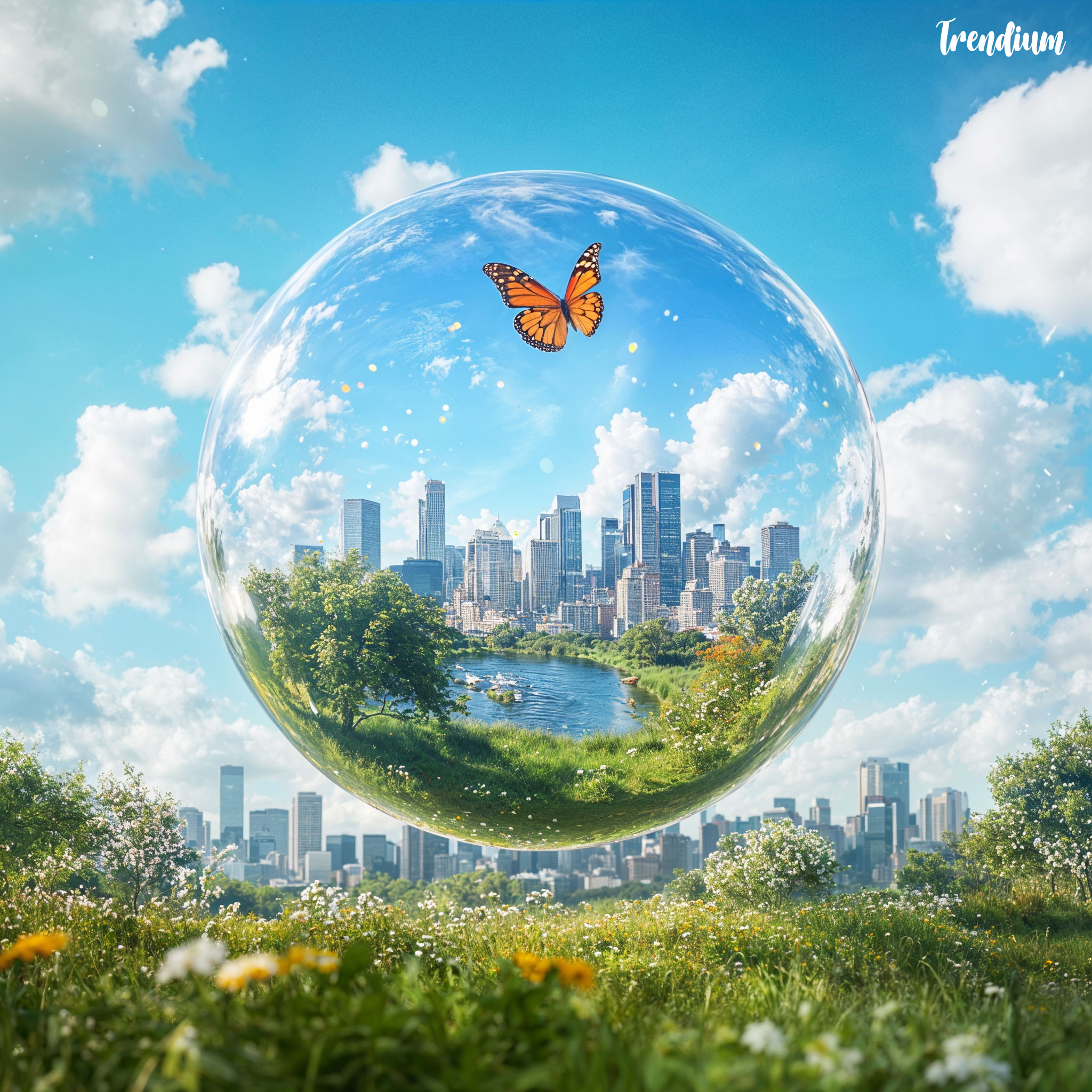 [prompt] A blue sky with white clouds, green grass and trees on the ground, there is an Earth in front of it. The city skyline can be seen inside the bubble. There's also some water flowing under the bubble. A butterfly flies around. It feels like spring outside. In general, everything looks very beautiful. High-definition photography.