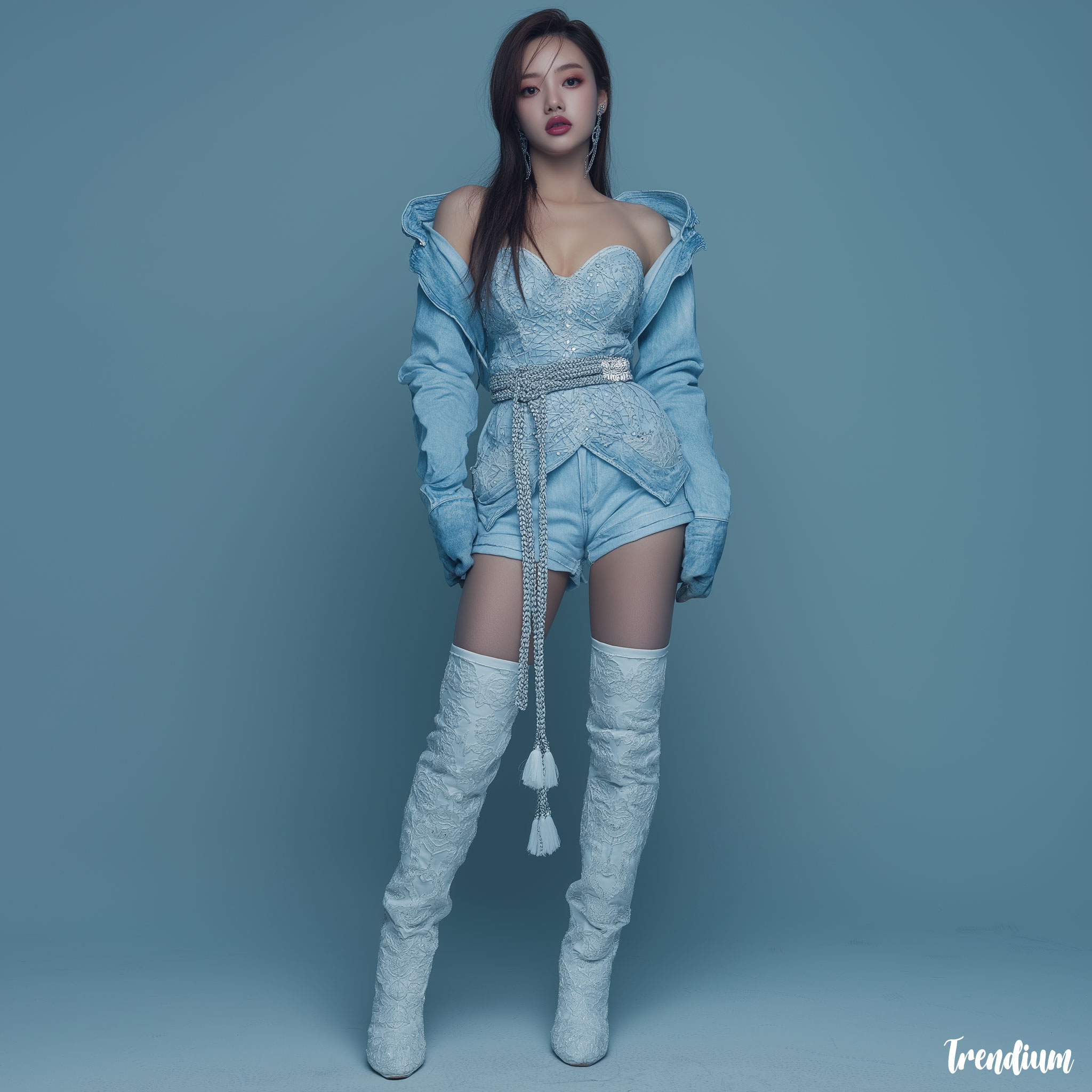 [prompt] K-pop girl idol in modern denim set with silver tassel belt inspired by norigae, embroidered floral panels on denim jacket, thigh-high denim boots, chic stage pose, GQ Korea pictorial, Leica SL2, 50mm Summilux, cool white lighting --style raw --v 7 --stylize 200