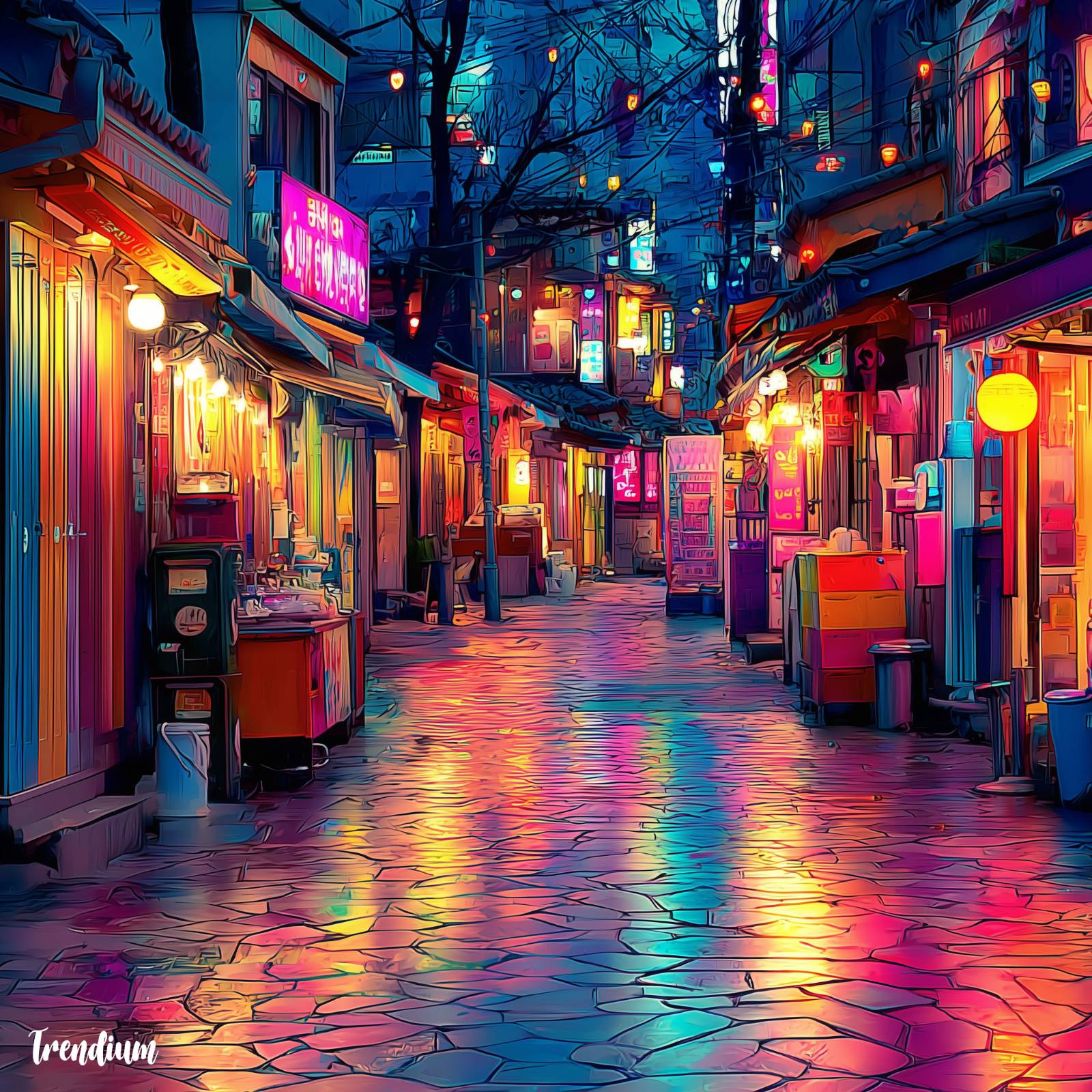 [prompt] empty Myeong-dong street at night, neon signs flickering, silent food stalls, wet pavement reflecting lights, no people, quiet alleyways, eerie atmosphere, liminal urban space, analog horror, surreal downtown void --v 7 --stylize 400 --weird 10 --sref 1249918663