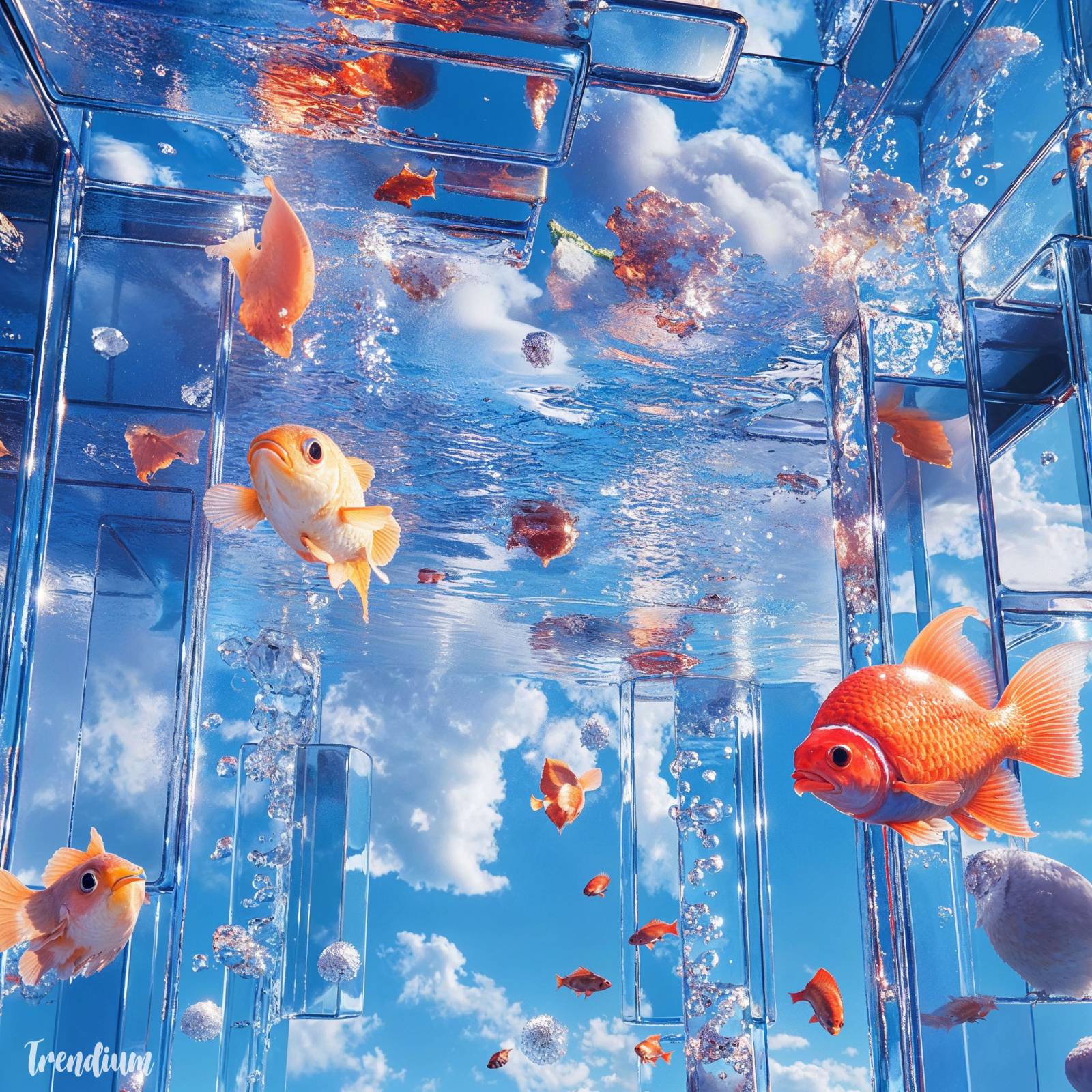 [prompt] Interior design crystal clear spray and tropical fish with fruiting aero aesthetic against a bright blue sky filled with soft and fluffy clouds. Early 2000s tech elements such as reflective touchscreen devices and metal accents are all rendered with high glossy surfaces and soft, gradient-soft shades.