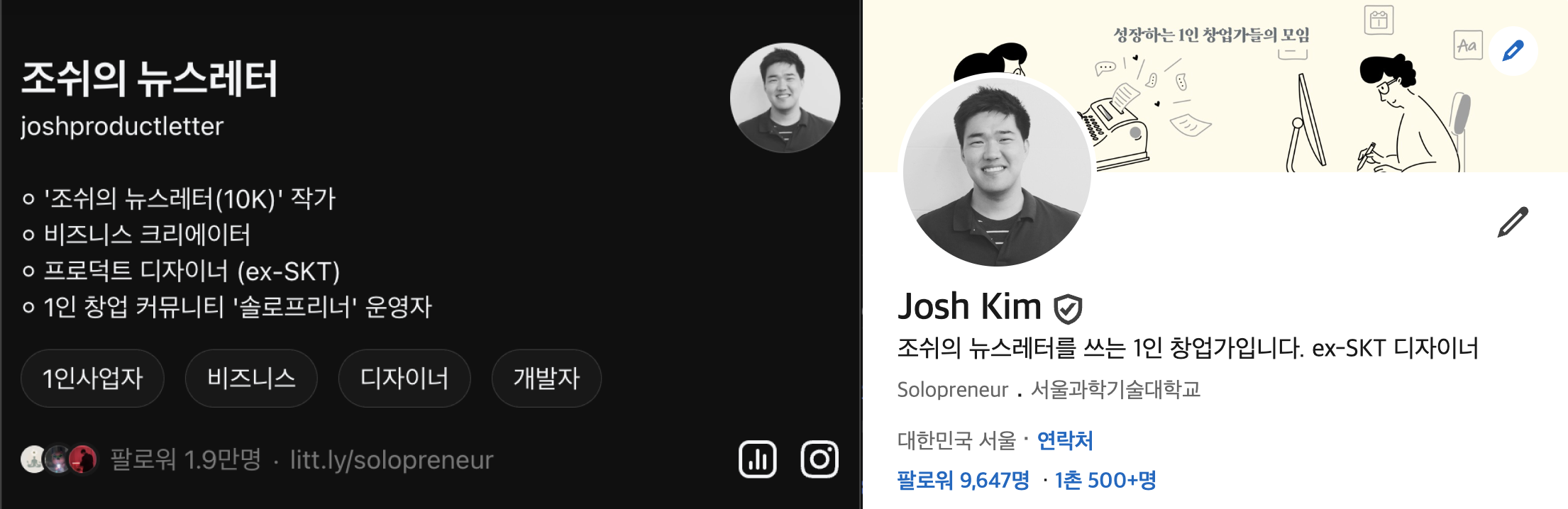 스레드는 약 2만명, 링크드인은 1만명의 팔로워를 달성하였습니다.