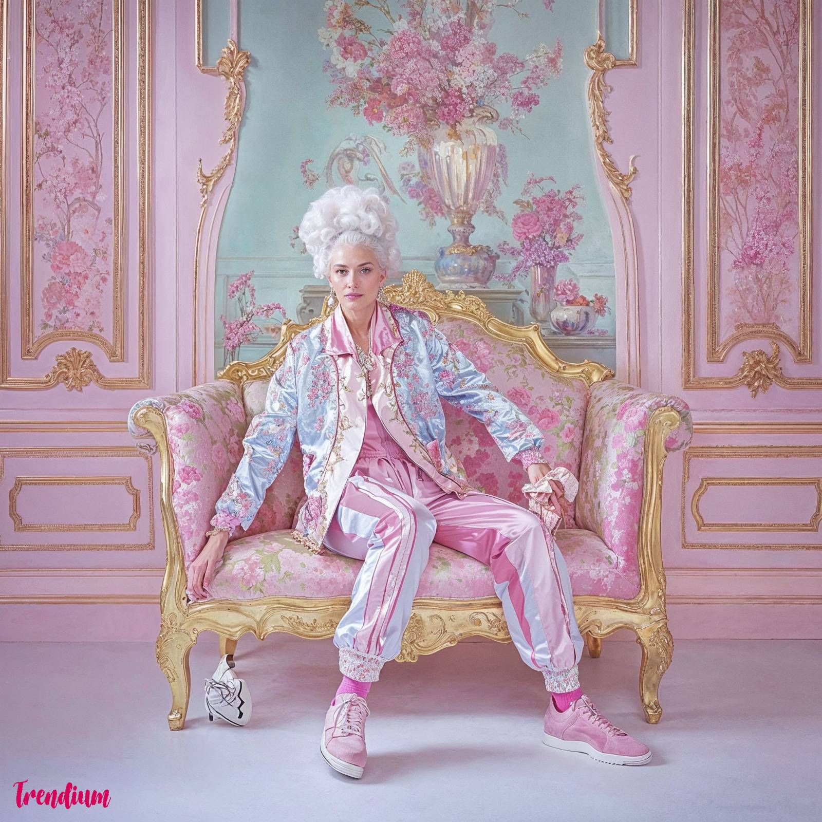 [prompt] Images of Marie Antoinette in a jacket and pants designed in Rococo style patterns, Adidas brand, pastel-toned bright colors, sportswear fashion pictorials