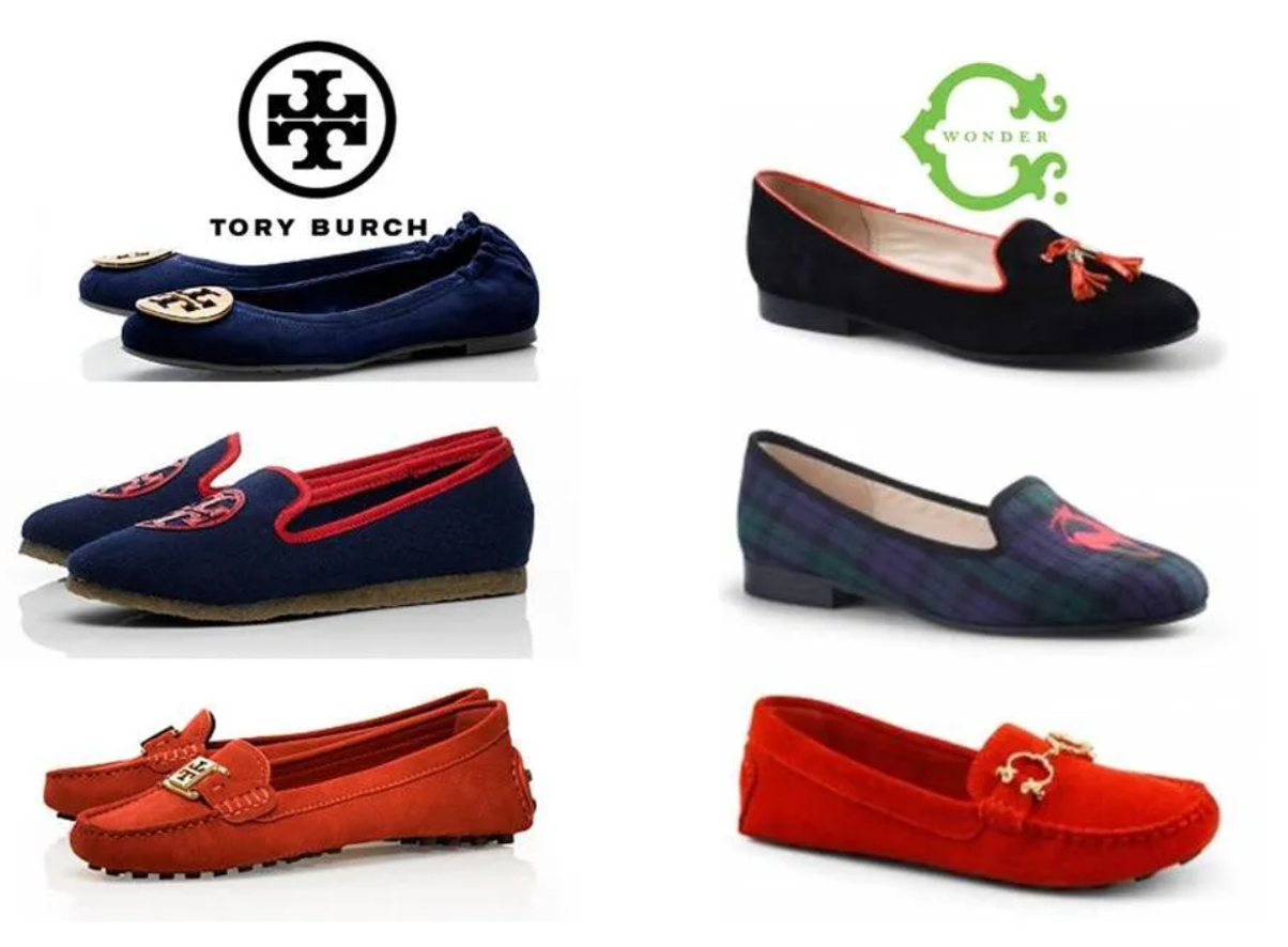 토리버치(왼쪽)와 C Wonder(오른쪽)의 유사한 신발 디자인<br>(출처: https://fashionaffluence.wordpress.com/tag/tory-burch/)