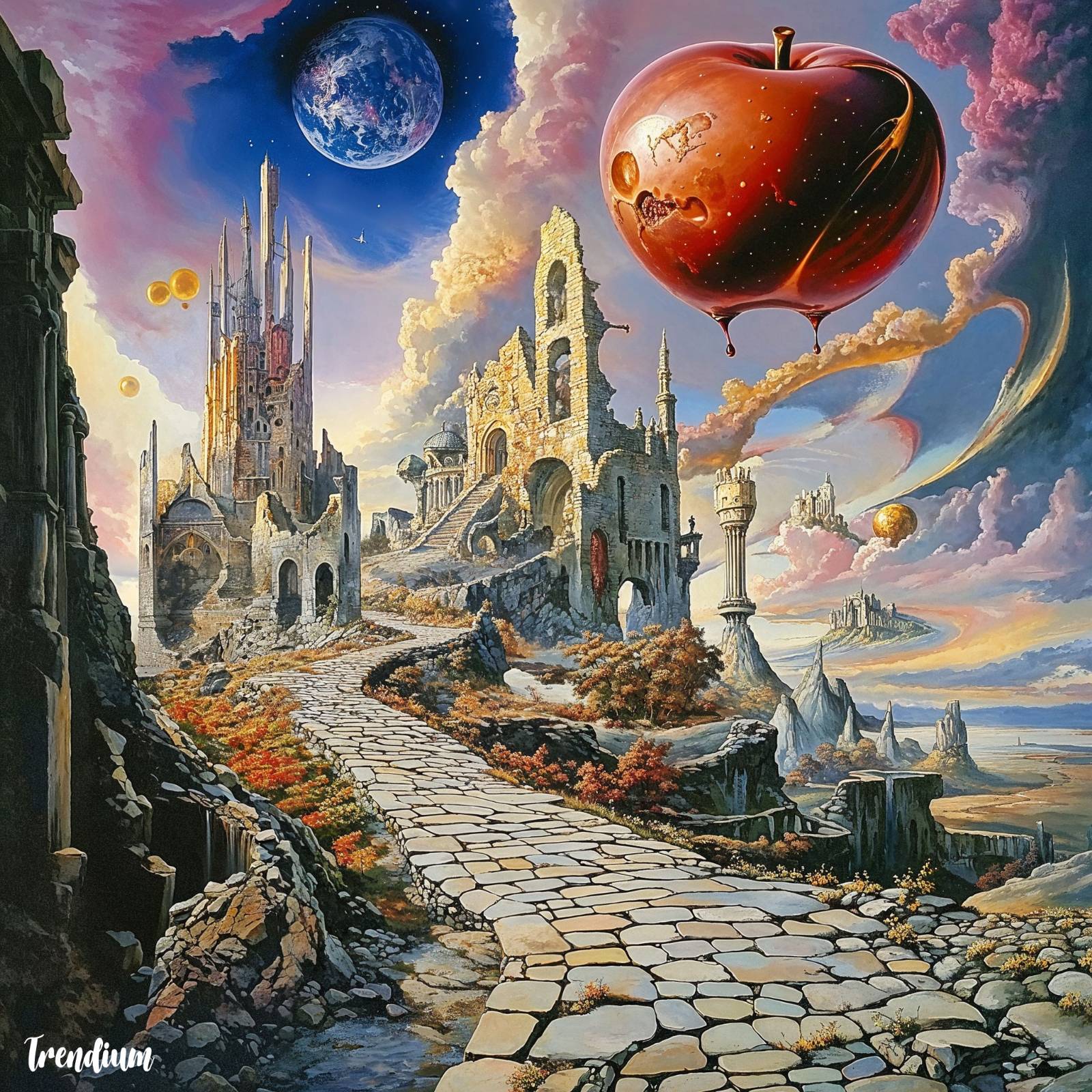 [prompt] A dreamlike landscape where ancient ruins, modern skyscrapers, and futuristic alien structures melt and warp together under a distorted, otherworldly sky. Time itself bends as a giant, glossy apple with long, spindly legs walks through the surreal cityscape, casting warped shadows over the crumbling medieval castle, sleek modern towers, and floating futuristic domes. The cobblestone path twists and spirals unnaturally, stretching through time as melting clocks drape over the remnants of different eras. The sky is filled with swirling, liquid clouds in vibrant shades of pink, gold, and purple, blending with cosmic, shimmering stars. The entire scene feels fluid, as if reality is melting into a dream, capturing Dalí's signature surrealist elements of distortion, bending time, and strange juxtapositions.