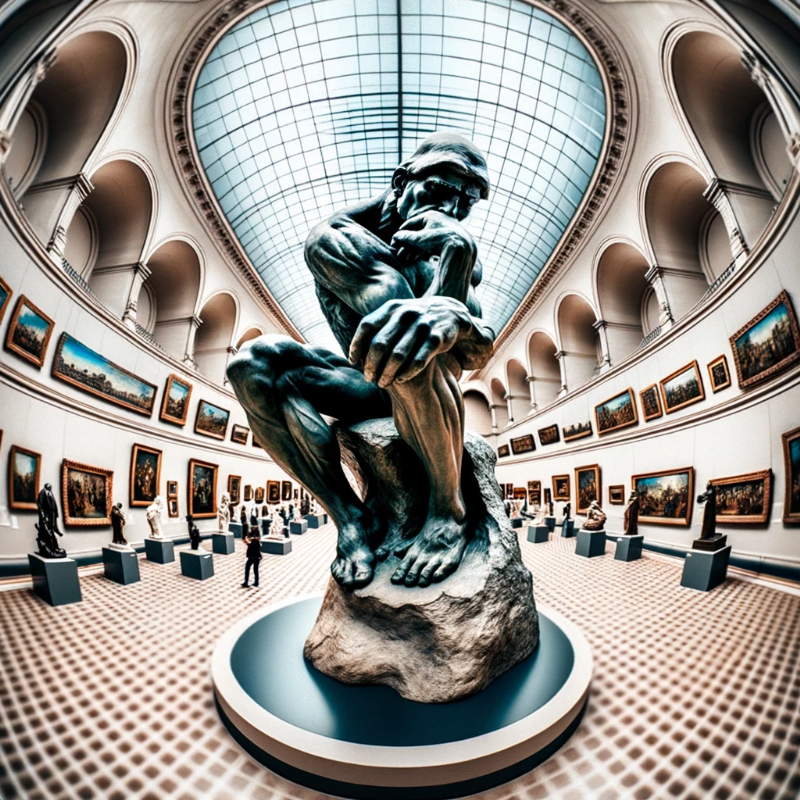 Artistic render of &#39;The Thinker&#39; by Auguste Rodin, reimagined through a fisheye lens. The sculpture dominates the scene, surrounded by other artworks in a vast museum setting. The unique distortion emphasizes its stature, adding a touch of surrealism to the contemplative figure.