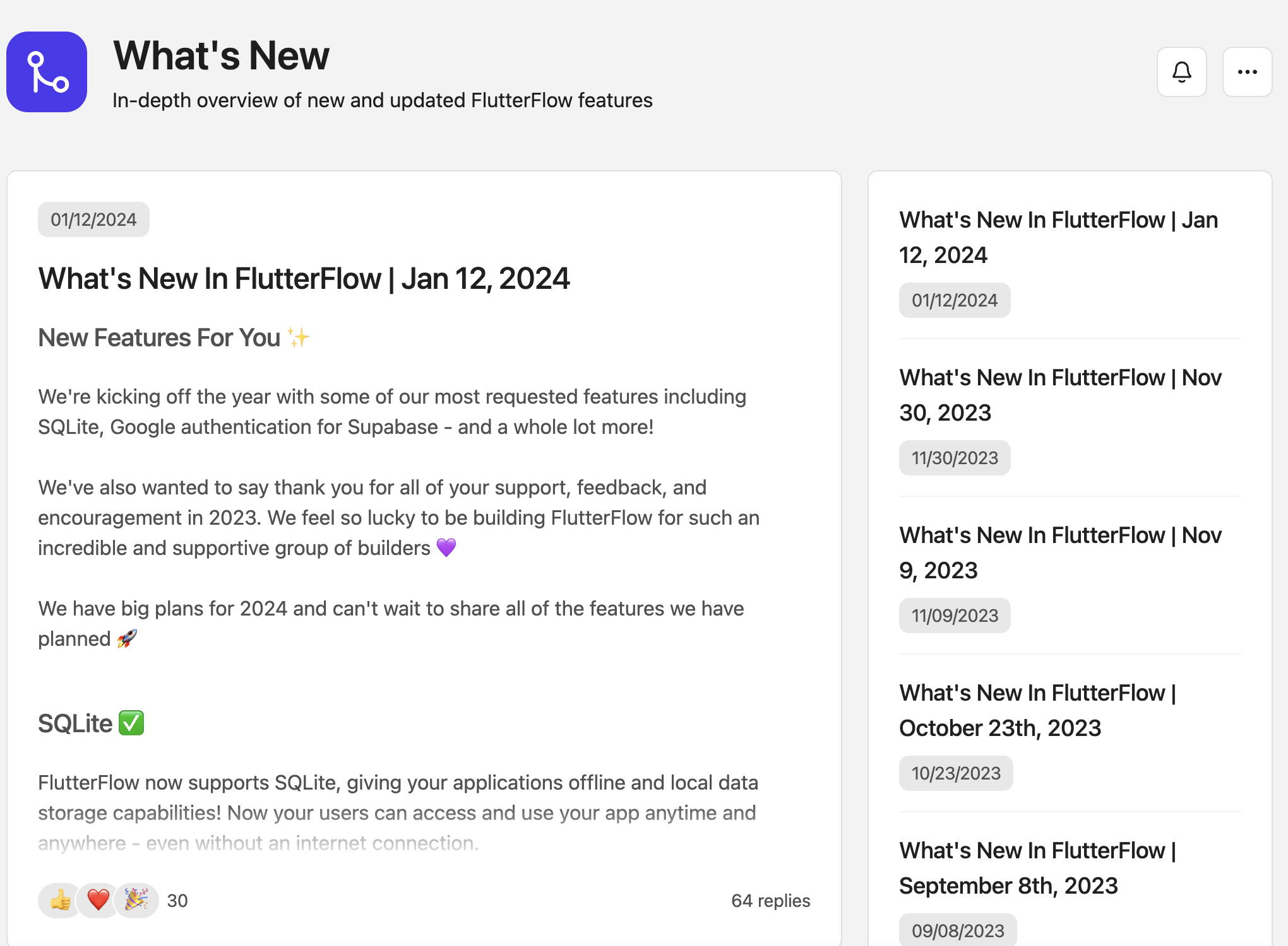 플러터플로우 업데이트 뉴스 페이지. 2주일에 한번 정도 업데이트 하는듯?