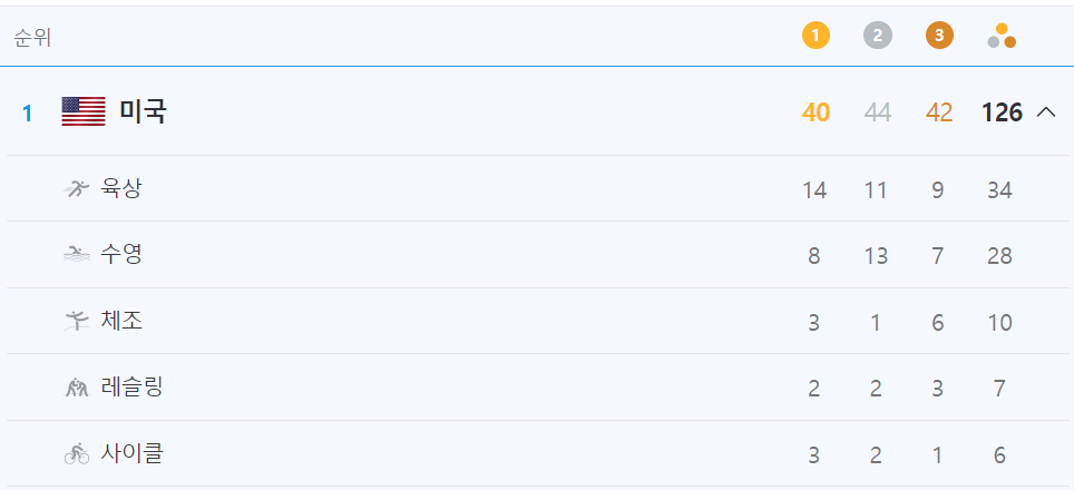 미국의 파리 올림픽 성적 <출처 - 네이버 스포츠>