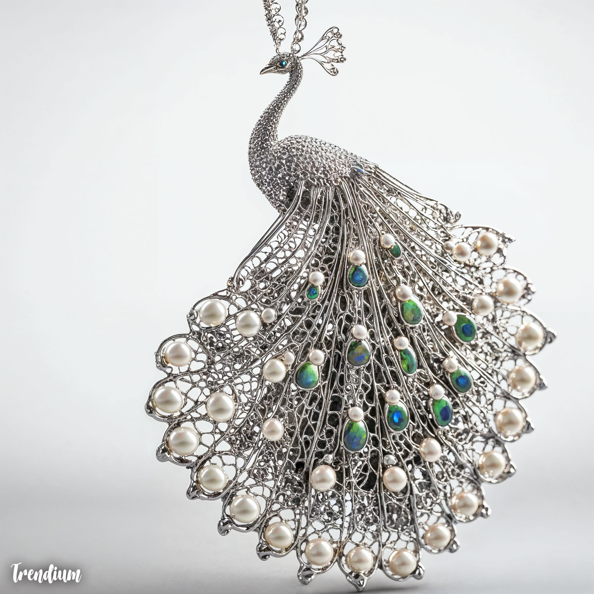 [prompt] A romantic pendant with a stylized peacock, silver wirework, blue and green enamel, and dangling pearls, Arts and Crafts movement --sref 1729243354