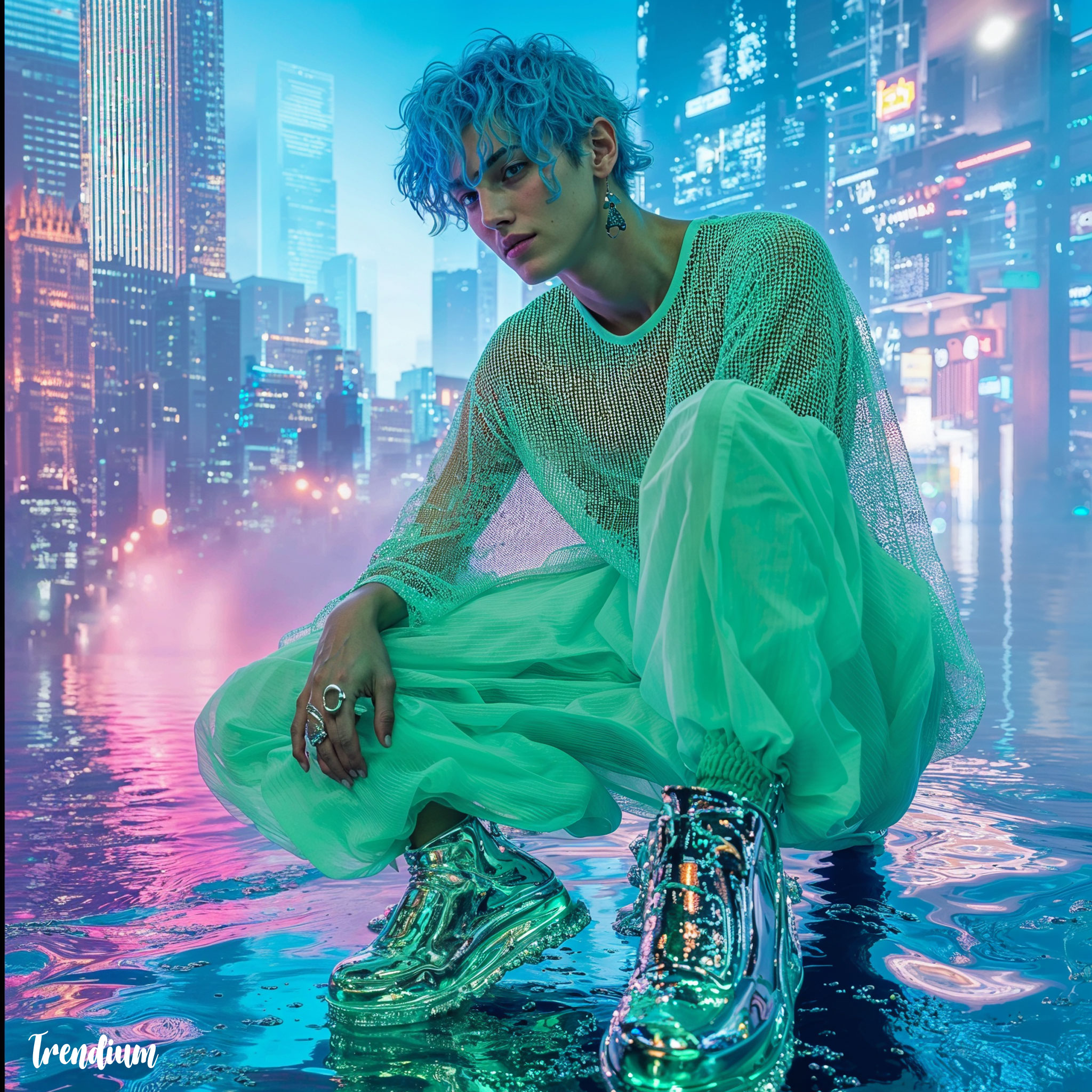 [prompt] Male model in seapunk streetwear, mint green oversized mesh top, holographic pants, chrome sneakers, aqua blue dyed hair, posing in a pixelated underwater city with glowing coral and neon waves