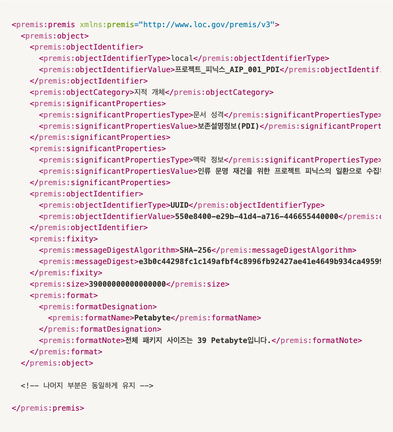 AIP에 첨부된 설명서 (PREMIS 형식으로 작성)
