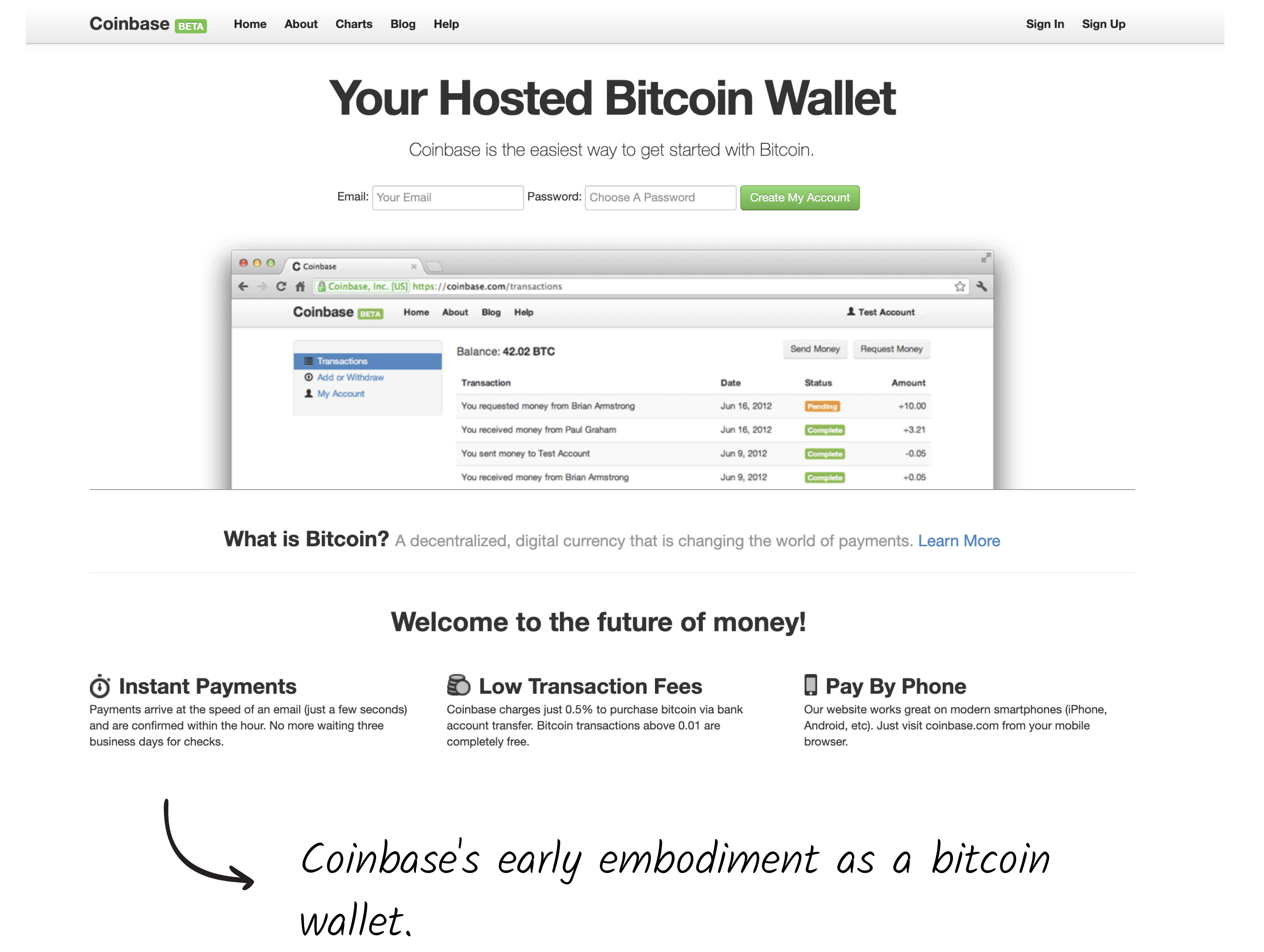 2012년 초기 버전의 코인베이스 웹사이트 이미지(출처: https://www.generalist.com/briefing/coinbase-dpo)