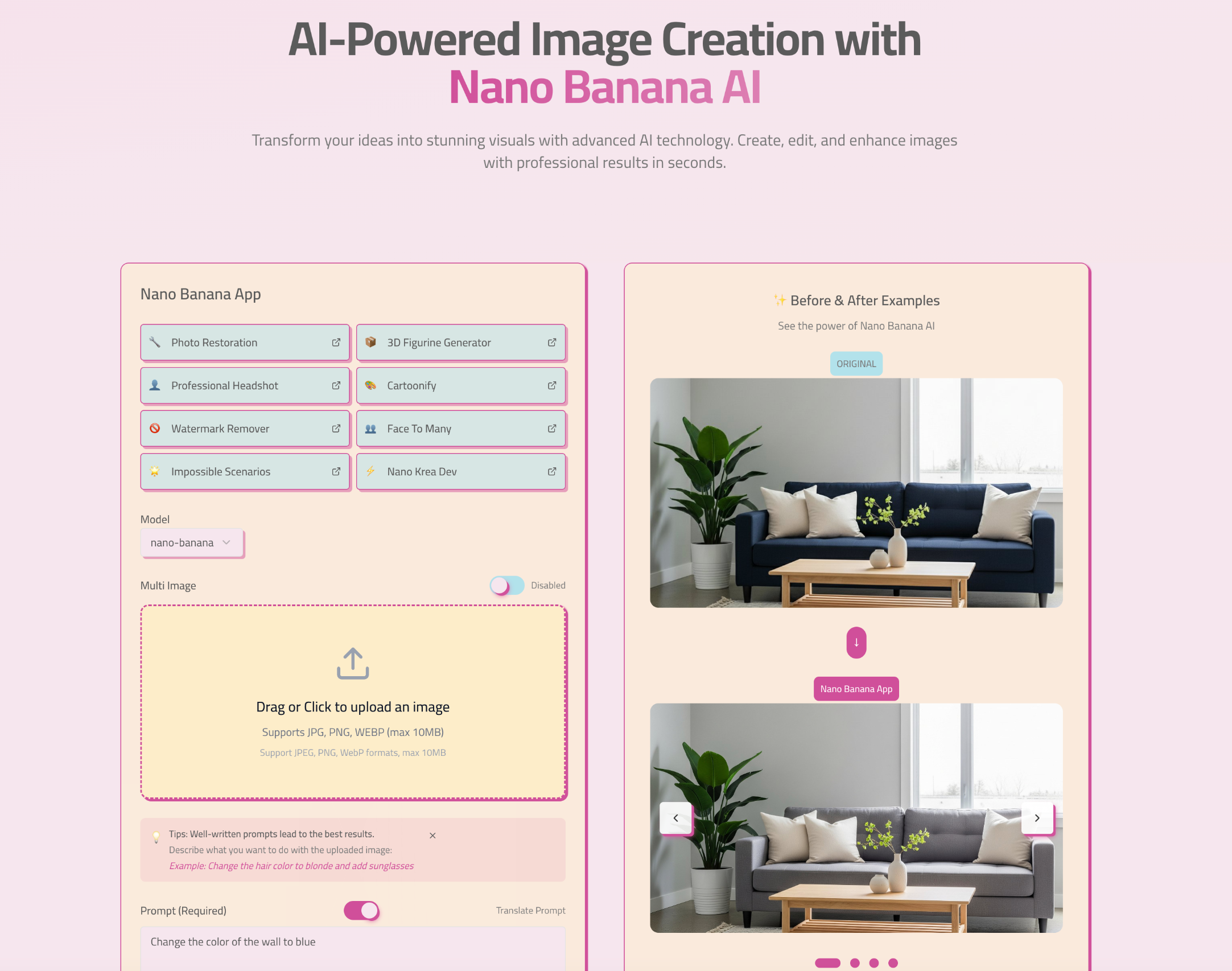 nano-banana.app이라는 이름을 선점하고 단순한 기능으로 이미 수익화를 실현하고 있는 SaaS.