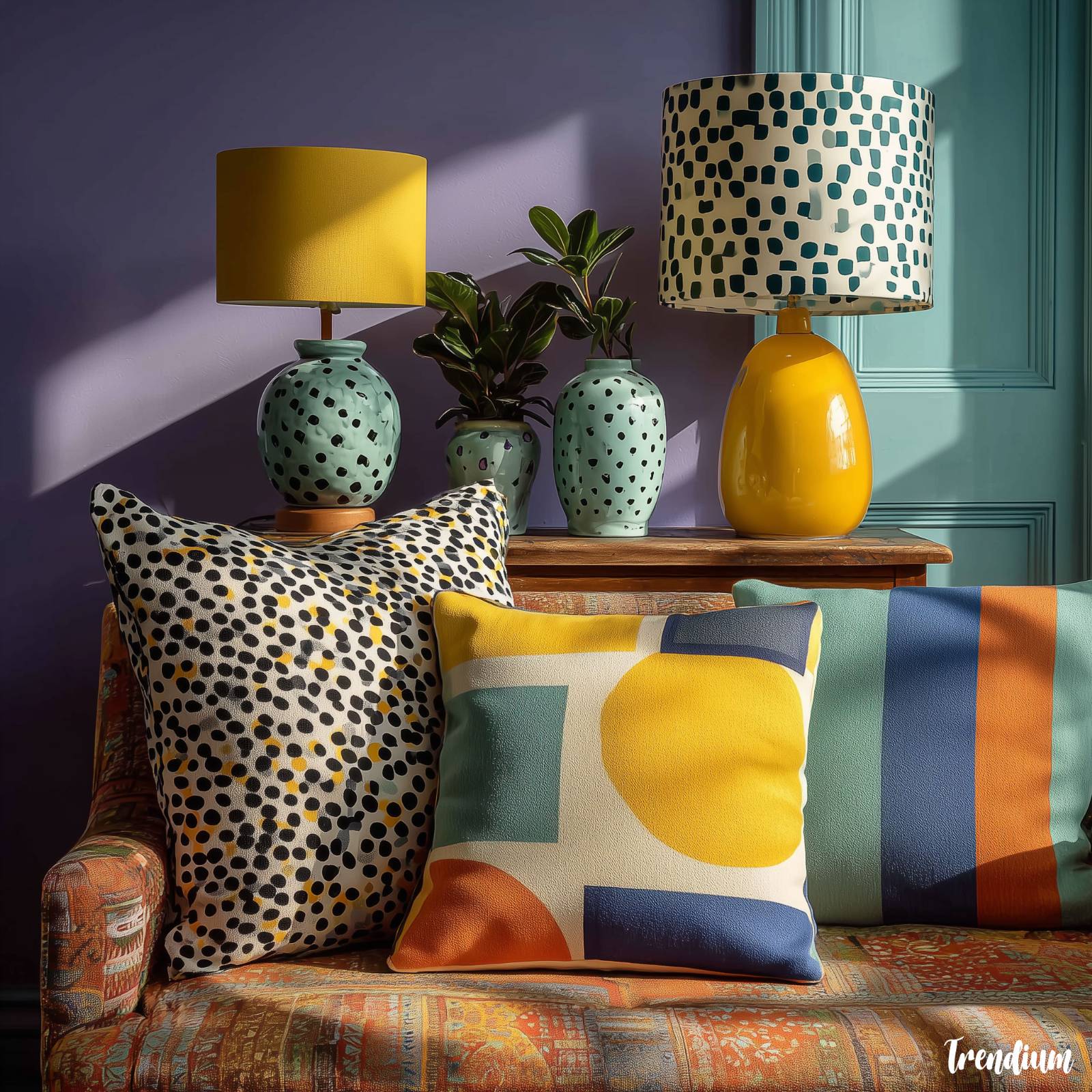 [prompt] memphis group inspired home decor setup, ceramic vases with polka dots, graphic cushions, bold table lamp with asymmetric shape, pastel and neon accents --v 7 --stylize 320