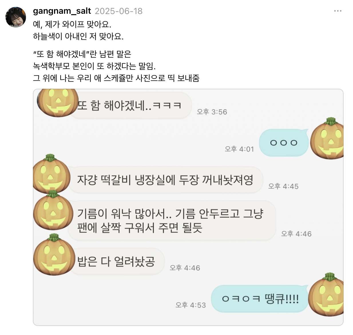 가사 분담의 평등한 분담을 보여주는 대화 (출처 : 강남짠순이 스레드)