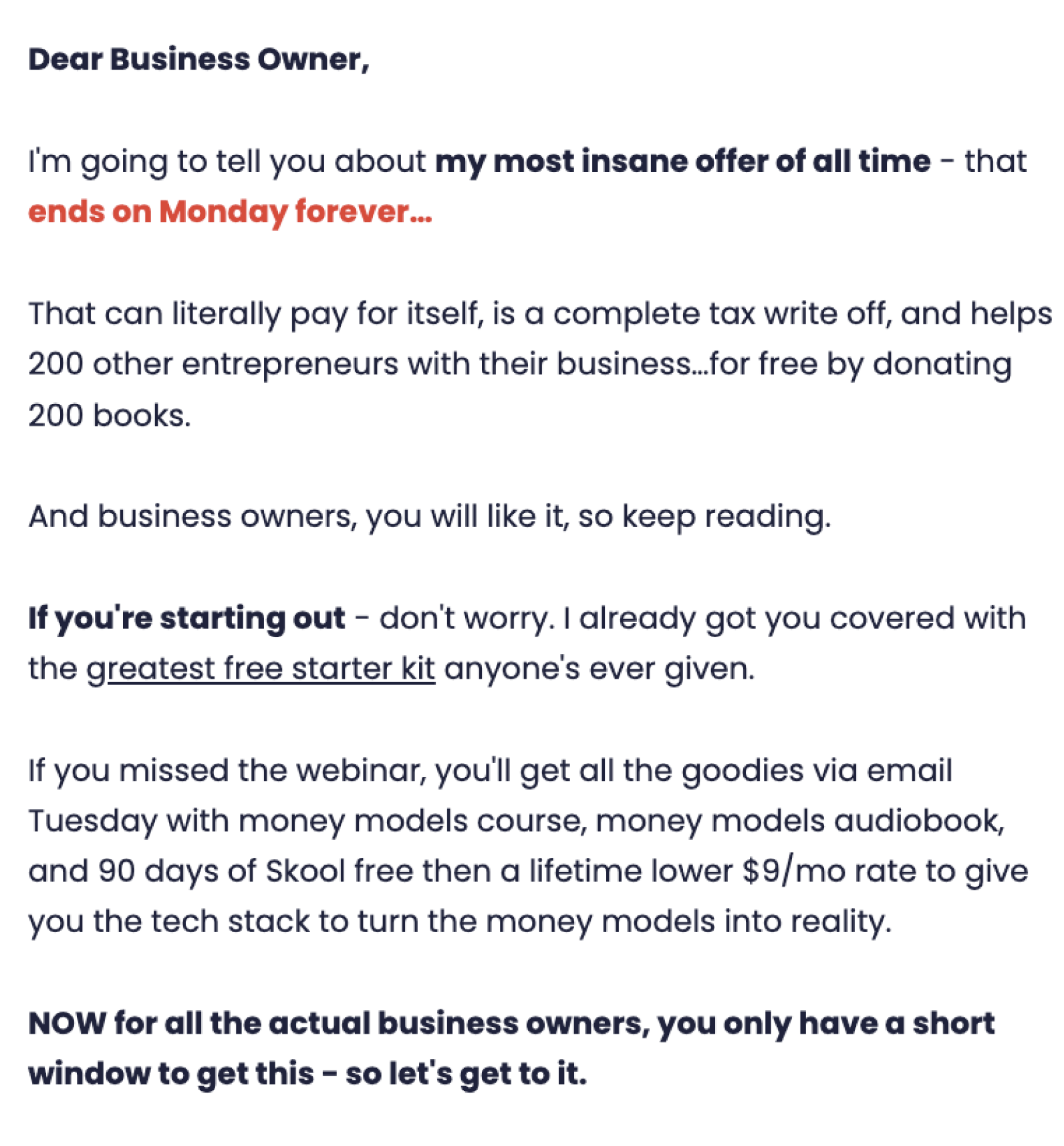 '만약 웨비나를 놓쳤다면, 화요일에 이메일을 통해 머니 모델 강의, 머니 모델 오디오북, 90일 스쿨 무료 이용권, 그리고 그 이후에 머니 모델을 현실로 바꿀 수 있는 기술 스택을 제공하는 평생 $9/월 할인 혜택 등 모든 좋은 것들을 받게 될 것입니다.'