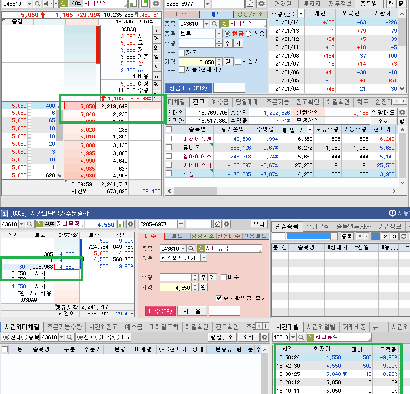 장 종료 상한가 매수대기 물량 / 시간외 하한가 매도 물량 / 시간외 체결 16:42분 하한가