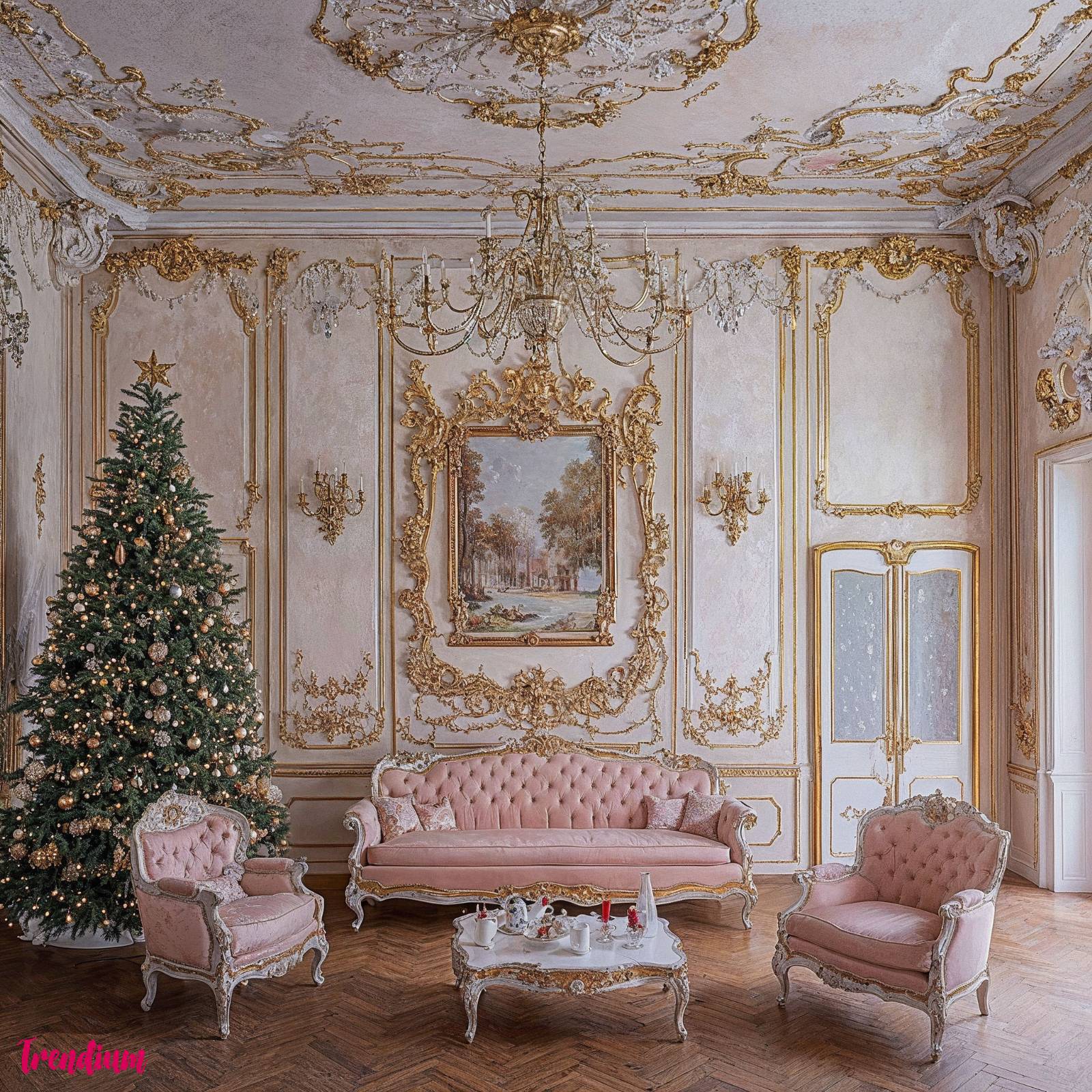 [prompt] Rococo style interior, Pastel-colored chrisma room. Pale colors. Warm colors. Glitter. Happy atmosphere. cinematic