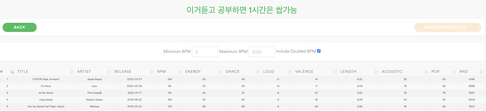 래는 플레이리스트로 만든걸 다시 재정의하는 툴인것 같아요. 최소BPM과 최대BPM으로 필터링을 한다든지, 플레이리스트를 정리하는 재밌는 기능이 많아보였습니다. 