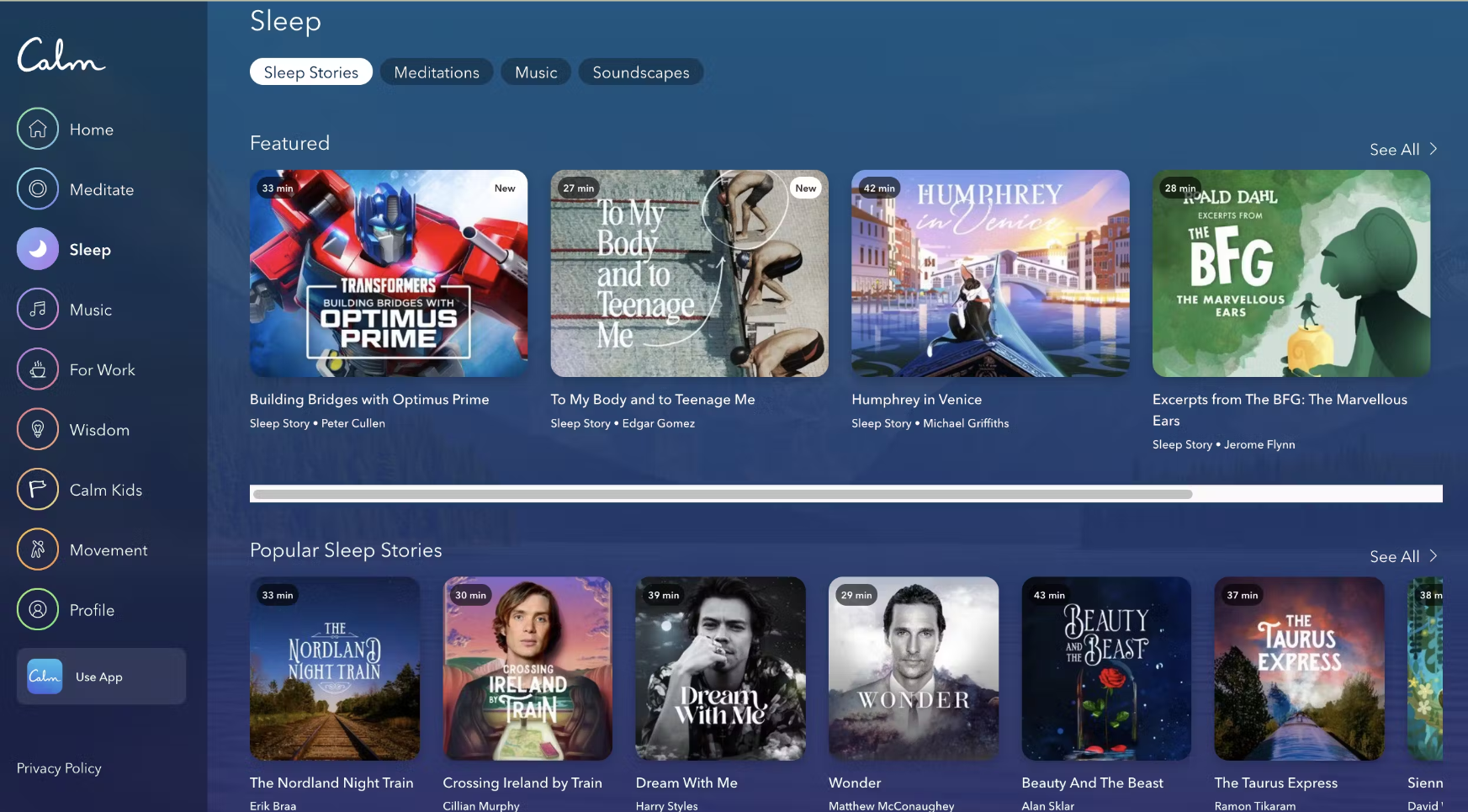 다양한 콘텐츠로 구성된 Calm의&nbsp;Sleep Stories(출처:&nbsp;https://research.contrary.com/company/calm)