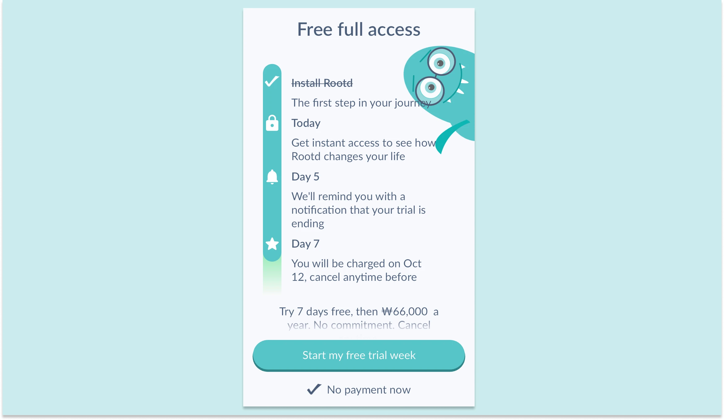 앱 설치 직후 노출되는 유료 플랜 유도 팝업. 팝업이 노출되는 순서를 바꿔서 매출이 다섯배 올랐다.