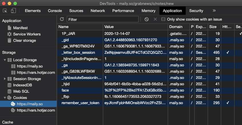 크롬 개발자 도구(F12) -> Application에서 maily 도메인의 데이터를 확인할 수 있음