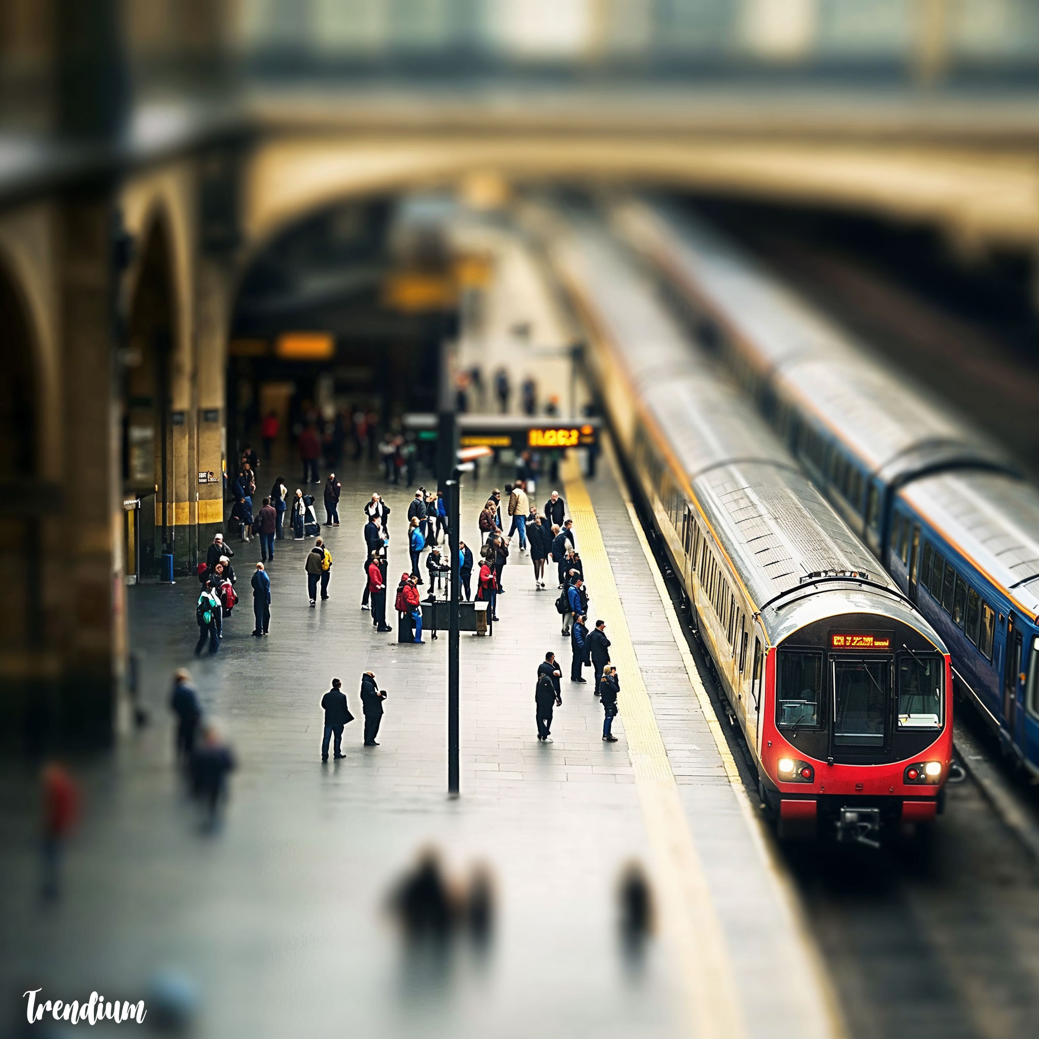 [prompt] Tilt-shift photography of a train station, people look like tiny figurines