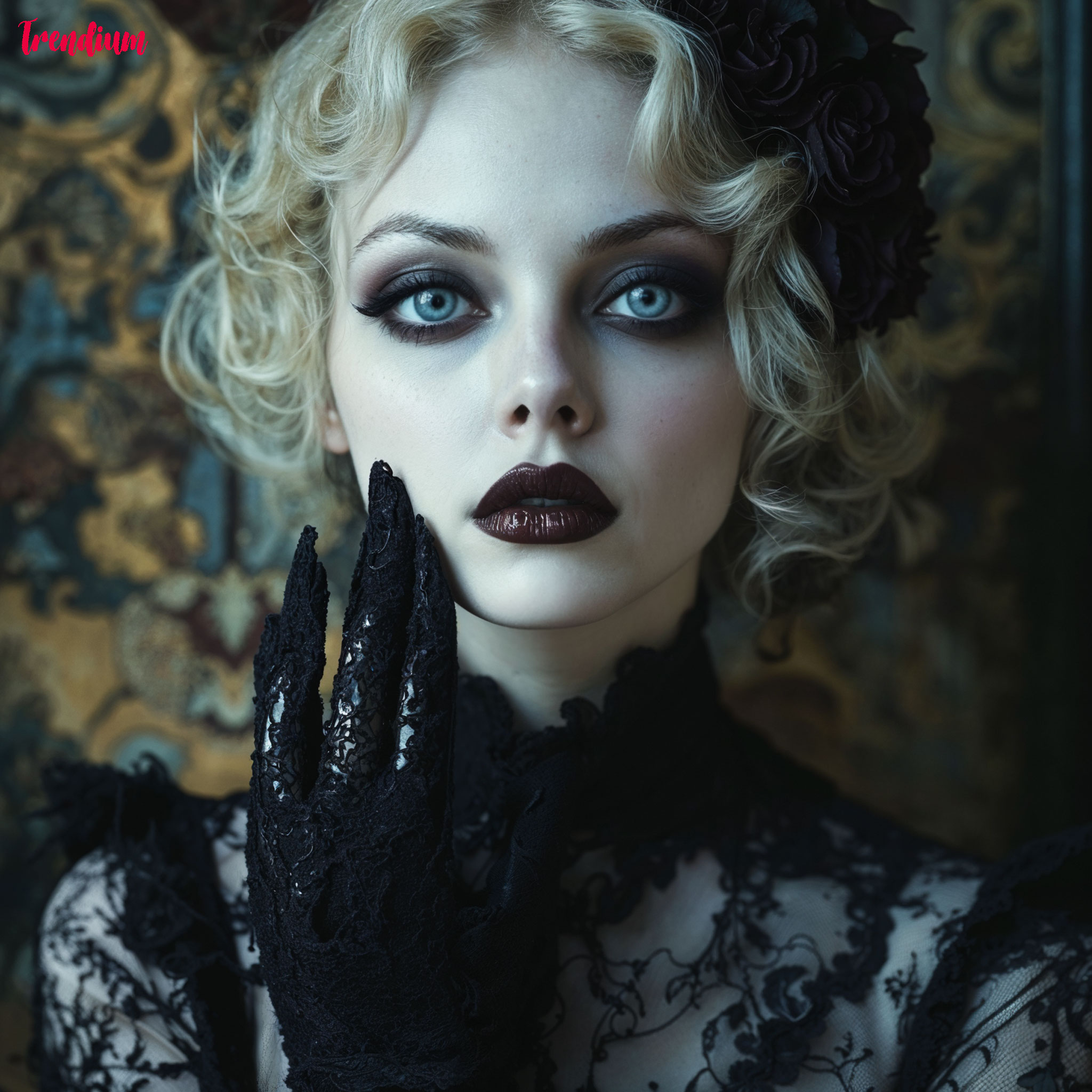 [prompt] portrait of a gothcore woman with pale skin, lace gloves, dark lipstick, baroque background, chiaroscuro lighting