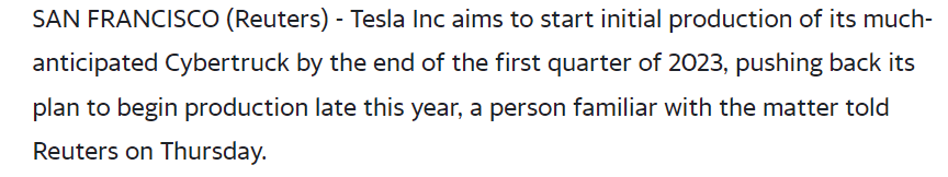 Exclusive-Tesla delays initial production of Cybertruck to early 2023 -source (yahoo.com)