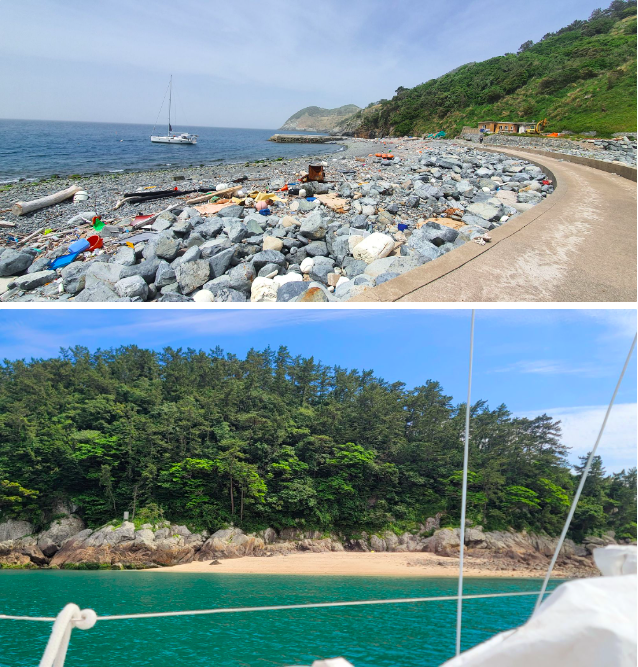 사진 :한국 남해 항해 중 만난 해변의 쓰레기 (상)나쁜예, (하)좋은예 