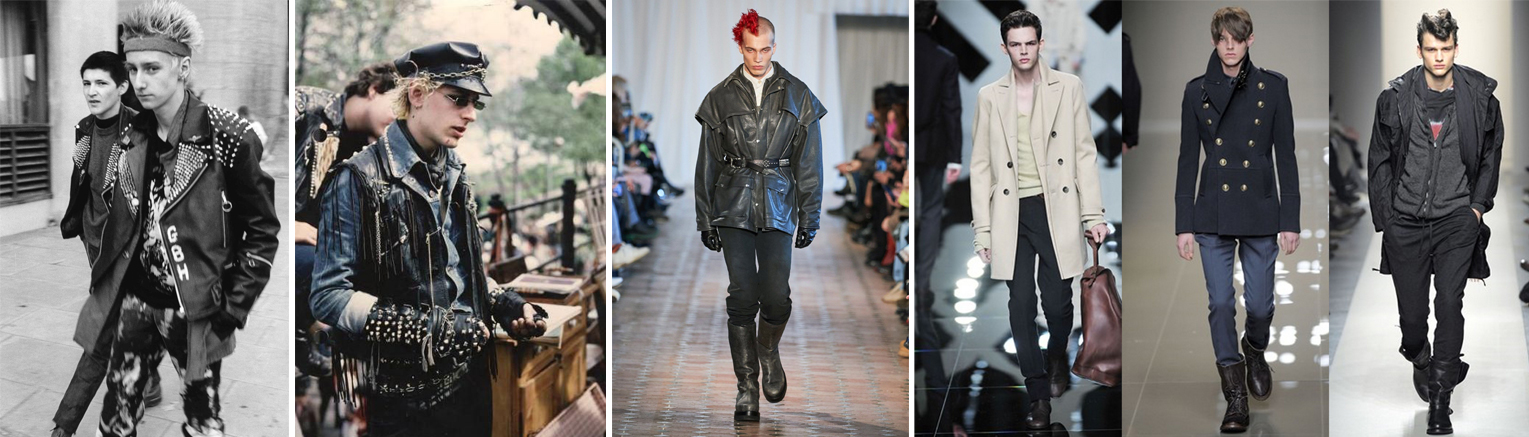   (왼쪽부터) 1970년대 독일 펑크 스타일, 체인과 견장 장식 펑크룩, 군복풍 가죽 자켓과 스트랩 스타일, 클래식 더블브레스트 밀리터리 피코트