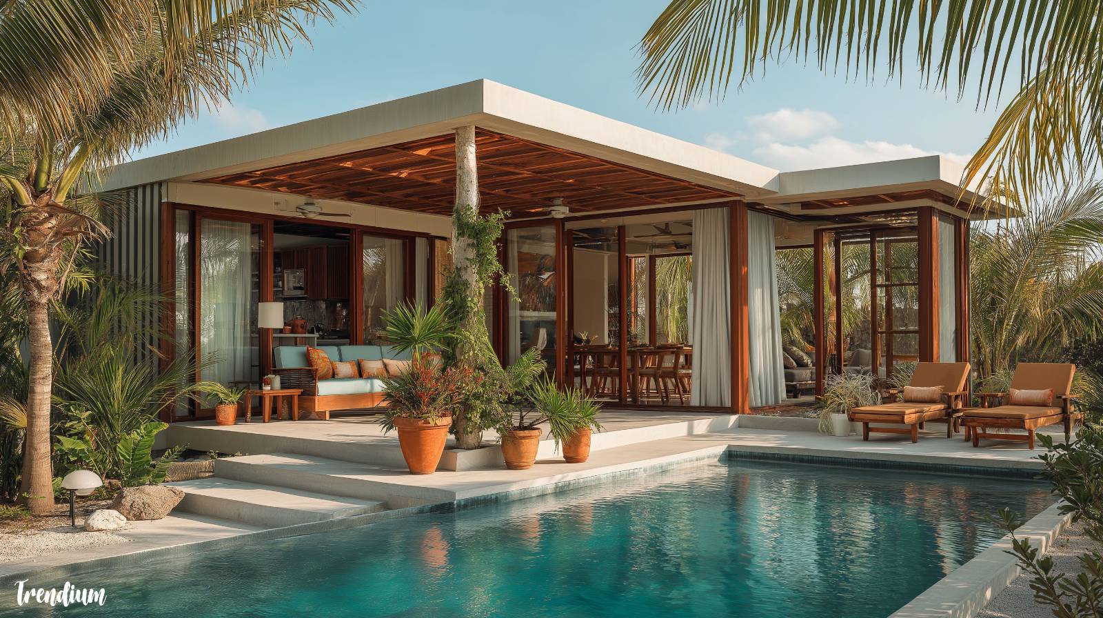 [prompt] A resort that combines cabana style and tropical modernism --ar 16:9 --style raw --v 7