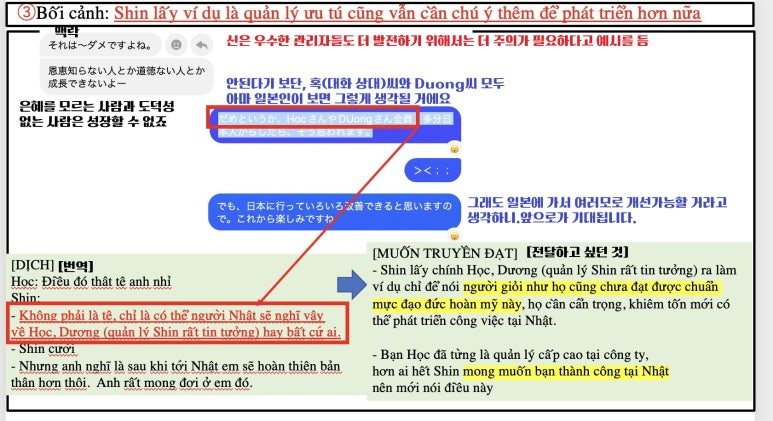 혹(Hoc)이란 베트남인 어학원 직원(좌)과 나구모 사장(우)의 대화내역3