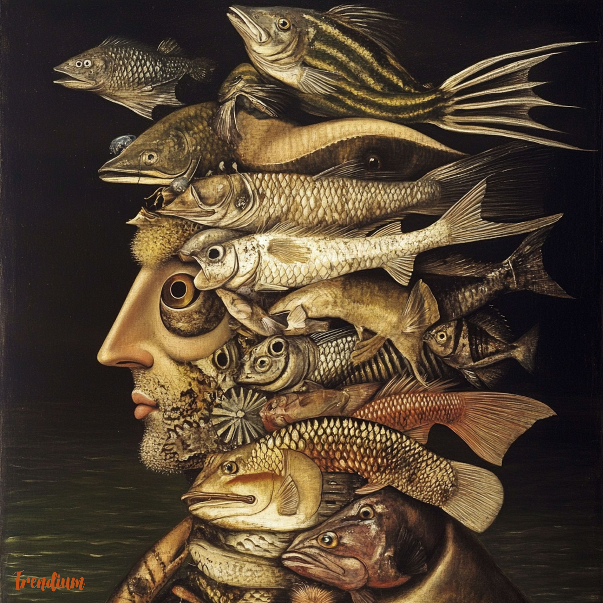 [prompt] giuseppe arcimboldo, Pareidolia art, a portrait of a human form of a combination of fish